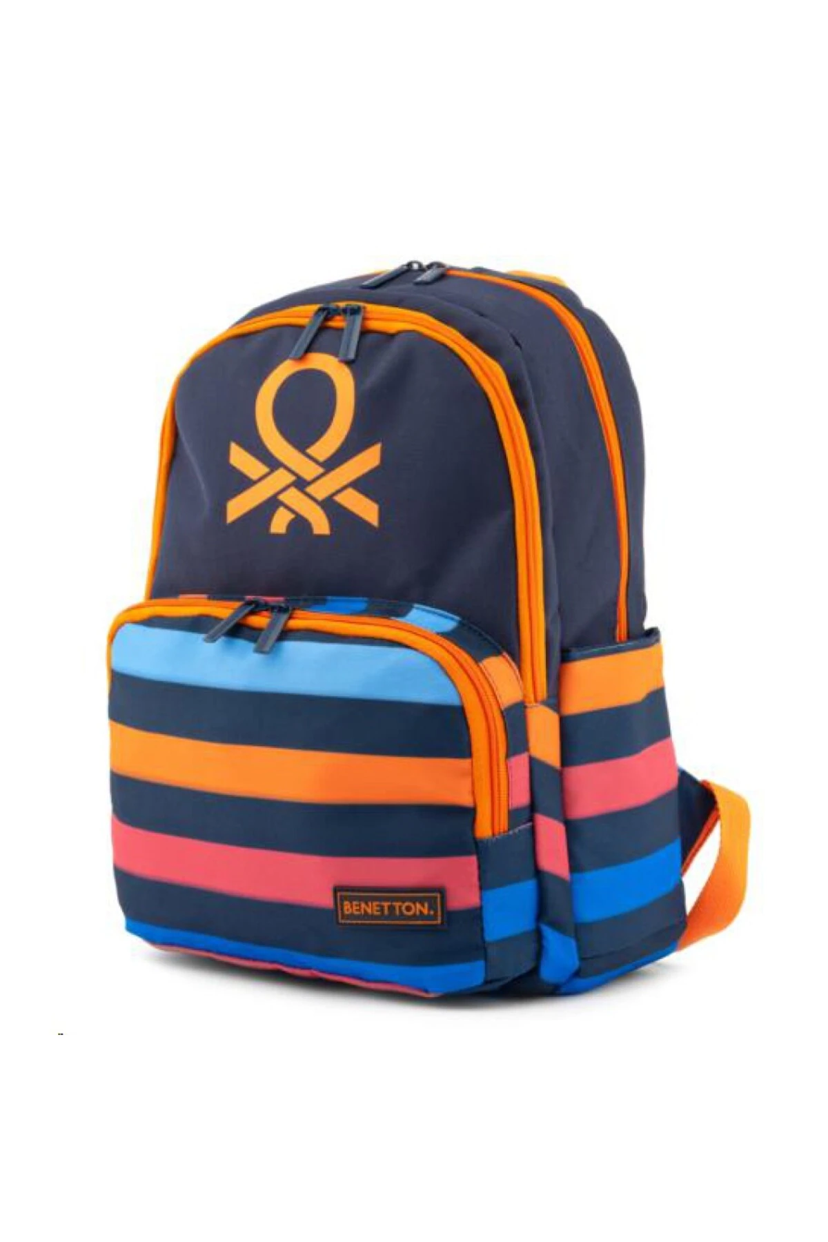 Benetton Çizgili Ve İkonik Logo Baskılı Erkek Çocuk Anaokul Çantası Lacivert  Turuncu