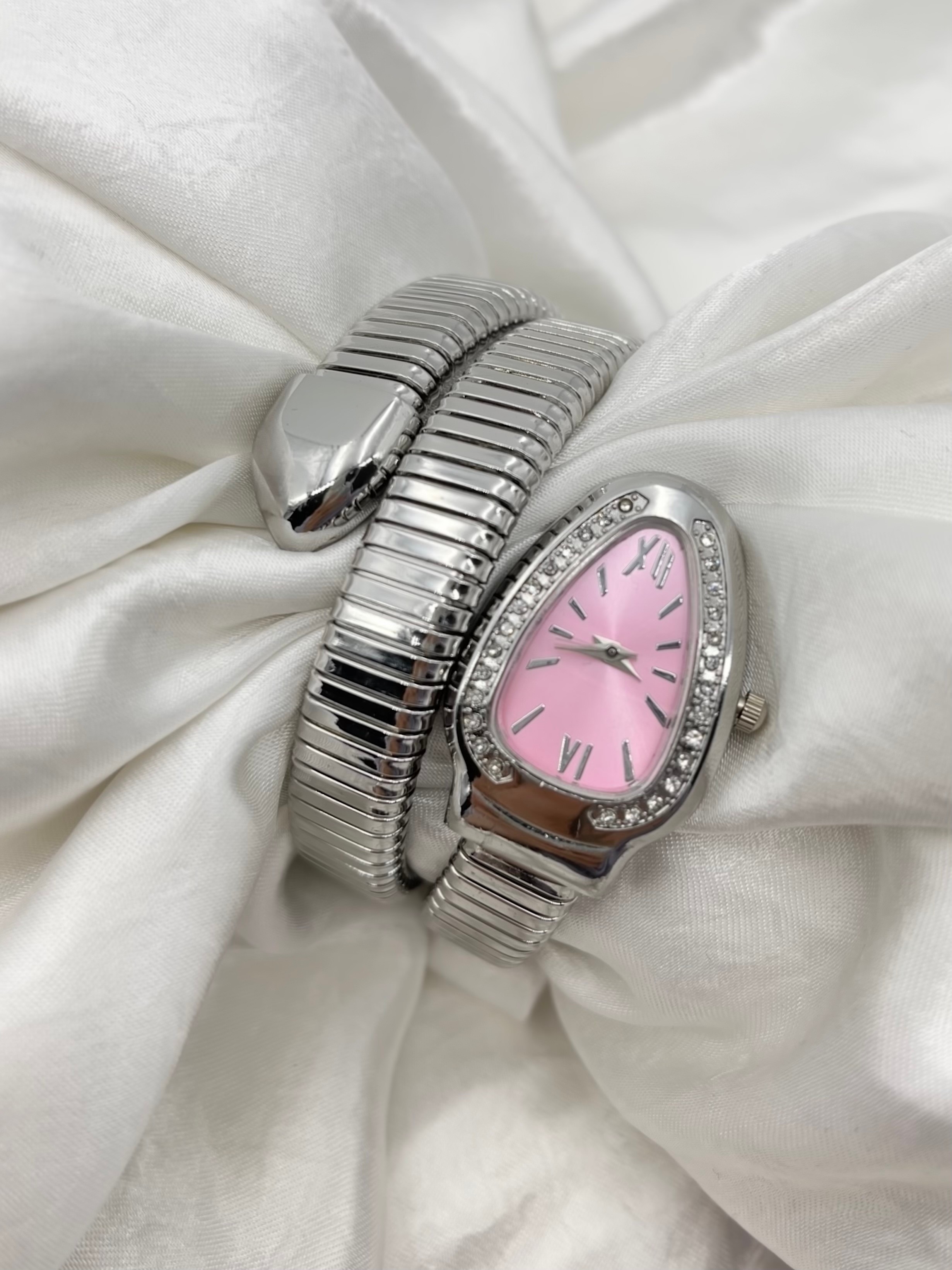 Gümüş Renk Yılan Model Saat - PEMBE