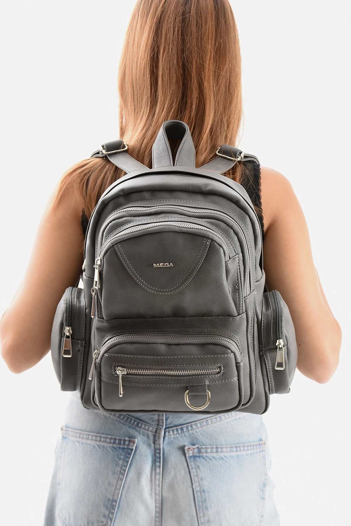 Mega Orjinal İthal Deri Sırt Çantası - KOYU GRİ