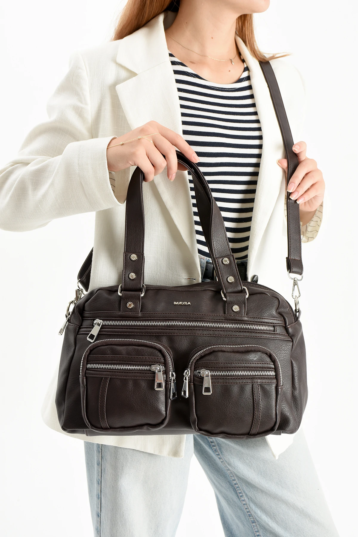 Mega Orjinal İthal Seri Çok Bölmeli El Omuz Çantası - KAHVE