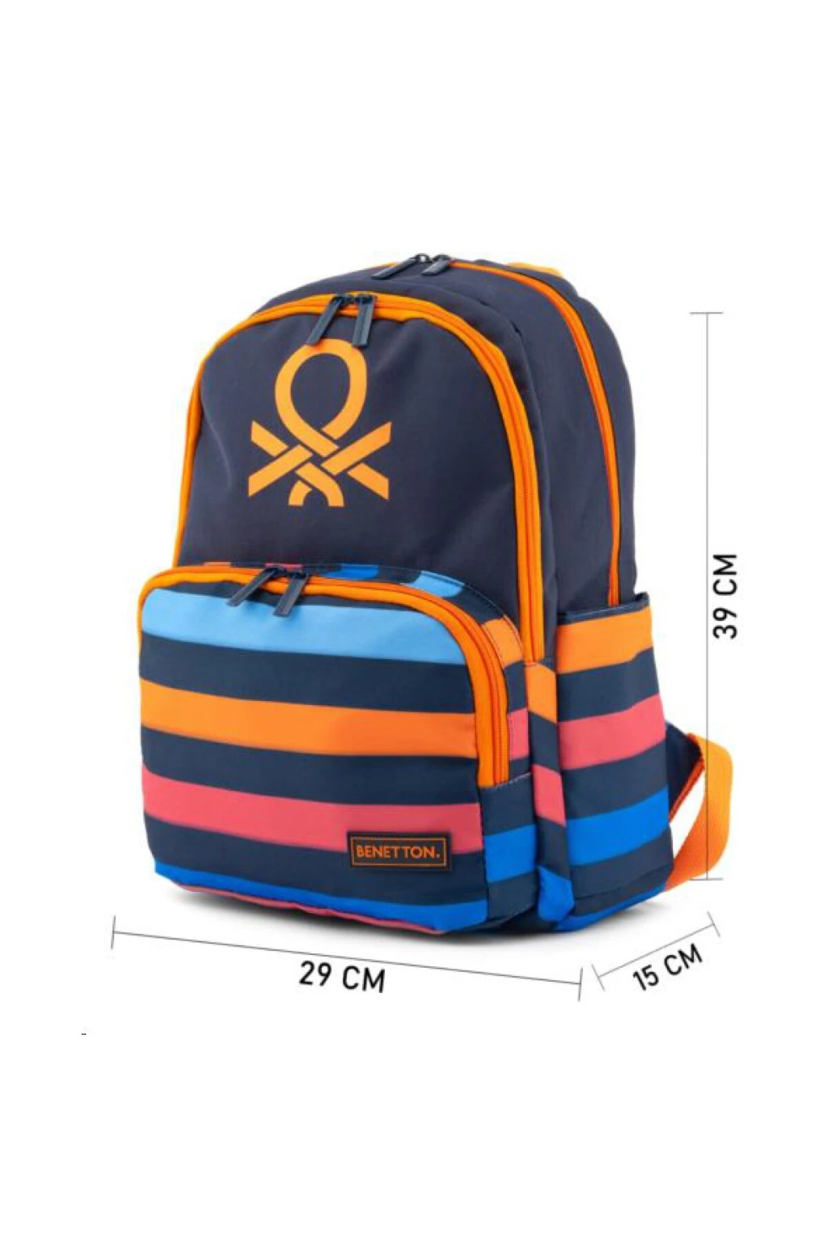 Benetton Çizgili Ve İkonik Logo Baskılı Erkek Çocuk Anaokul Çantası Lacivert  Turuncu
