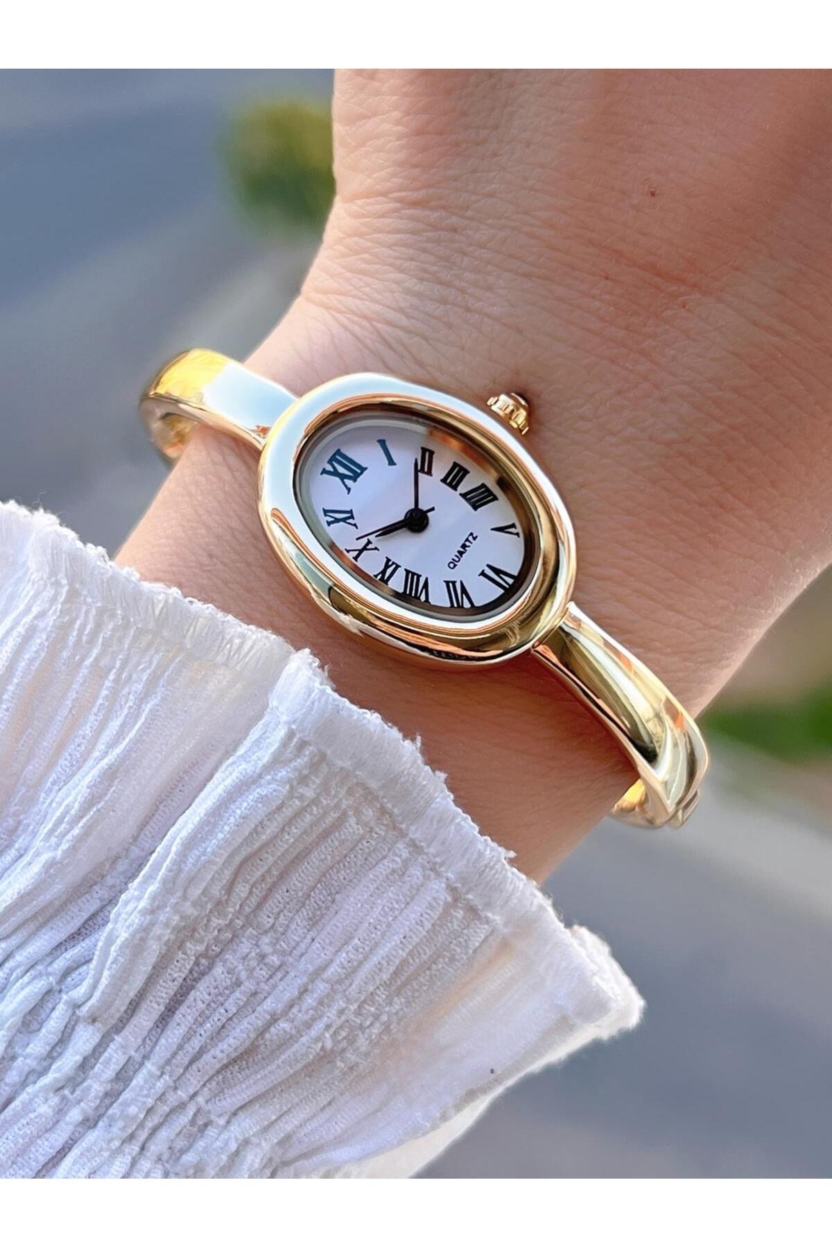 Çelik Kordon Cartier Model Elips (Oval) Tasarım Gold (Beyaz Kadran