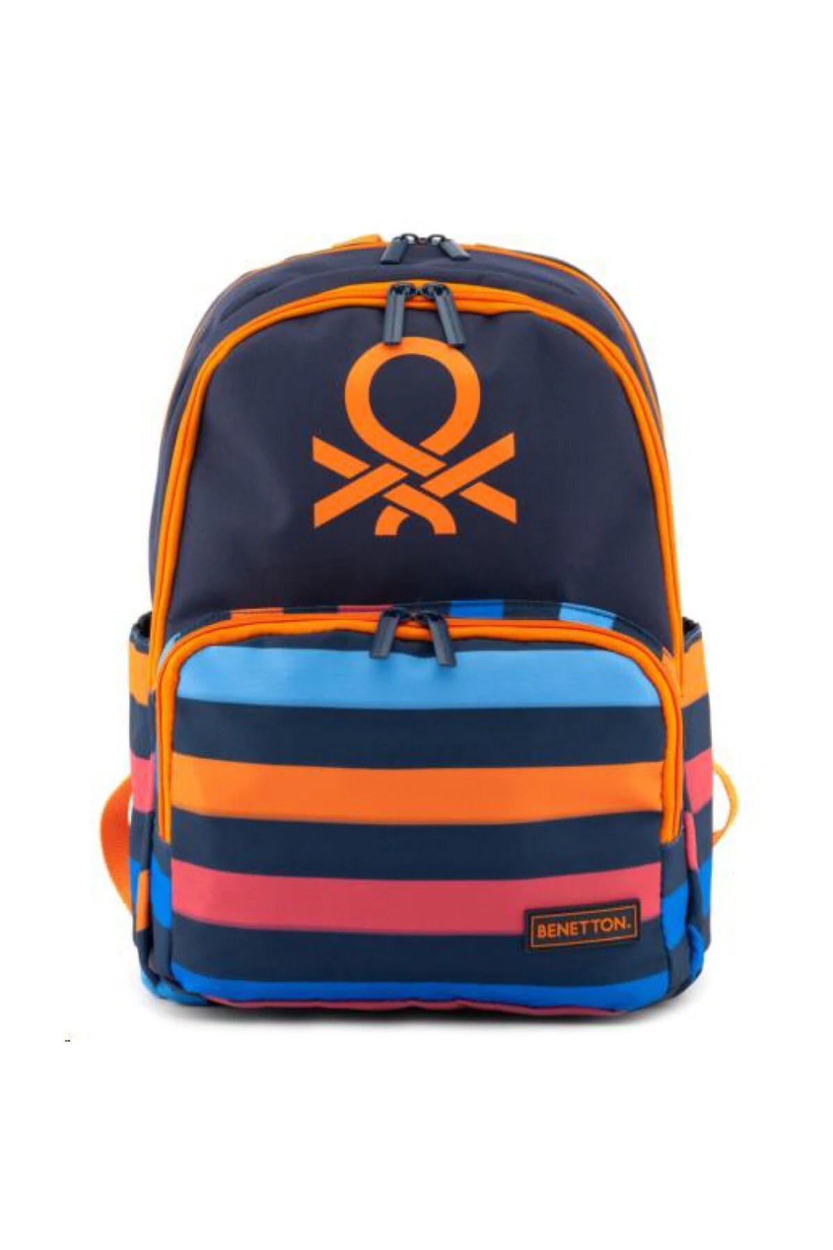 Benetton Çizgili Ve İkonik Logo Baskılı Erkek Çocuk Anaokul Çantası Lacivert  Turuncu