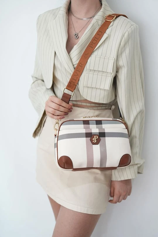 Silver & Polo SP1094 Kadın Çapraz Çanta - Kareli Ekose Krem Taba