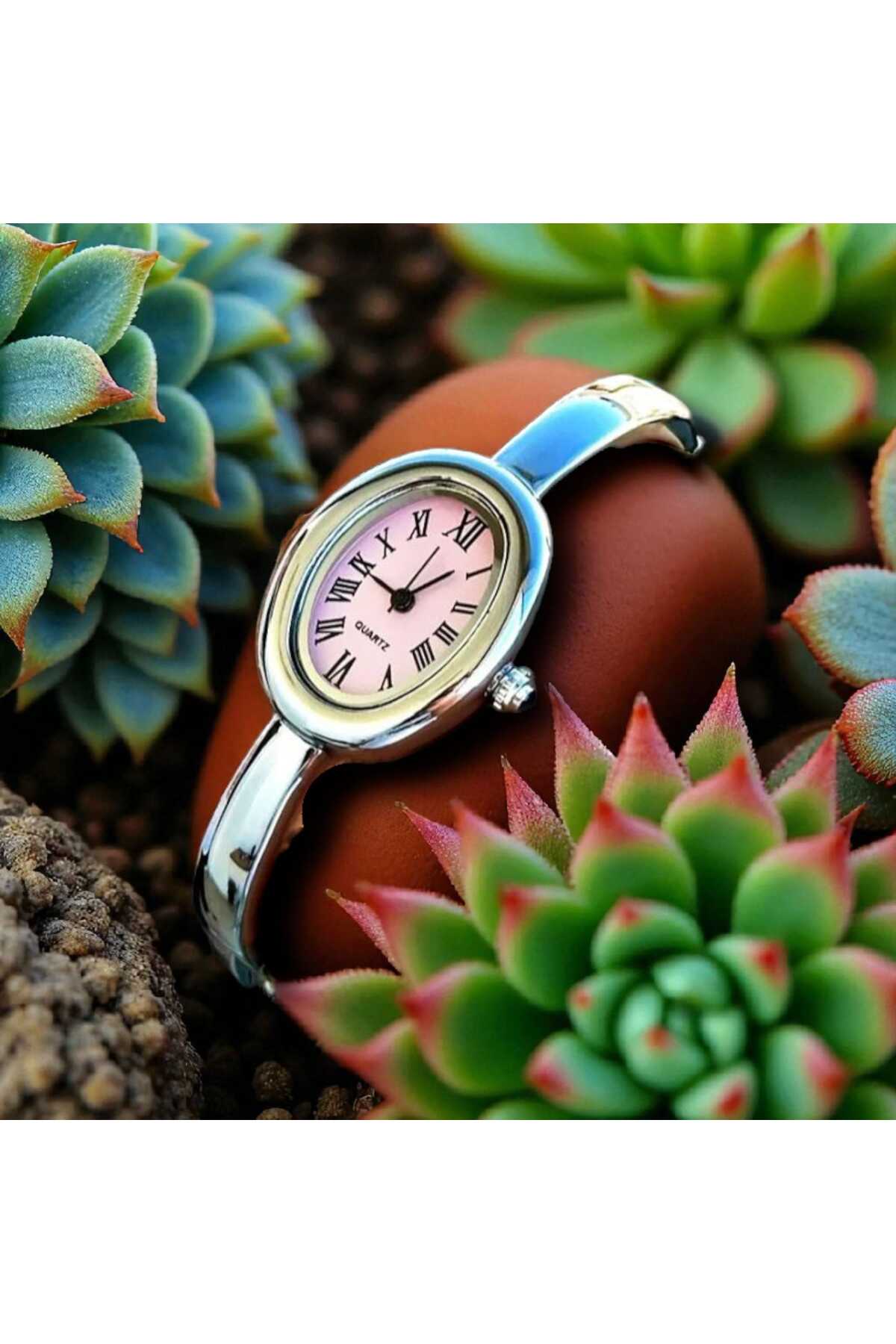 Çelik Kordon Cartier Model Elips (Oval) Tasarım Gümüş (Pembe Kadran