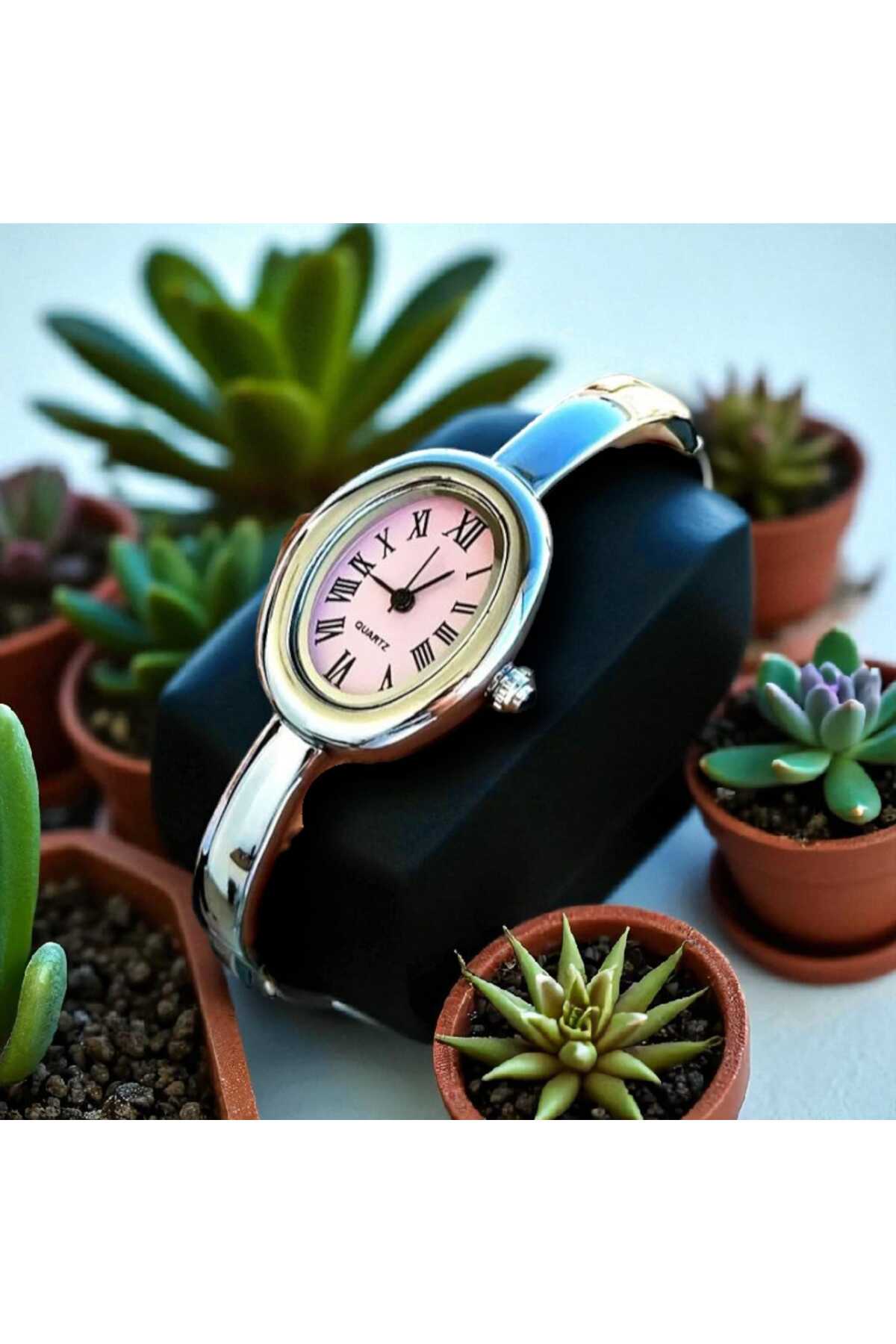Çelik Kordon Cartier Model Elips (Oval) Tasarım Gümüş (Pembe Kadran