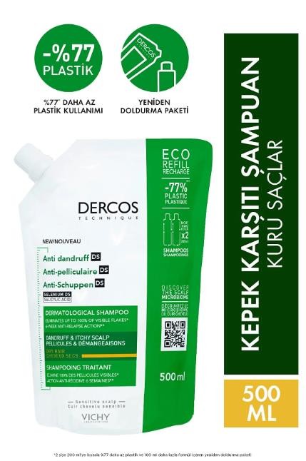 Vichy Dercos Anti-dandruff Kepek Karşıtı Bakım Şampuanı, Kuru Saçlar , Yeniden Dolum Paketi 500 Ml