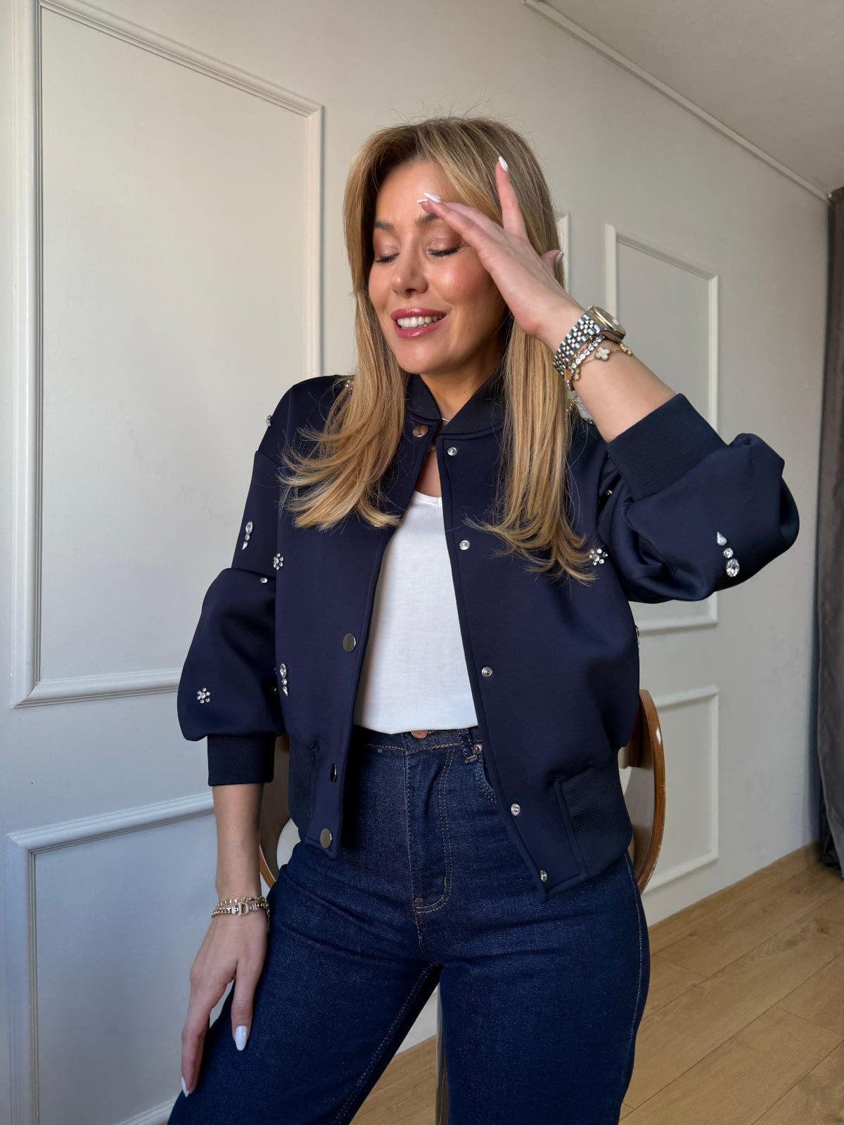 Lacivert Neopren Bomber Ceket - Lacivert