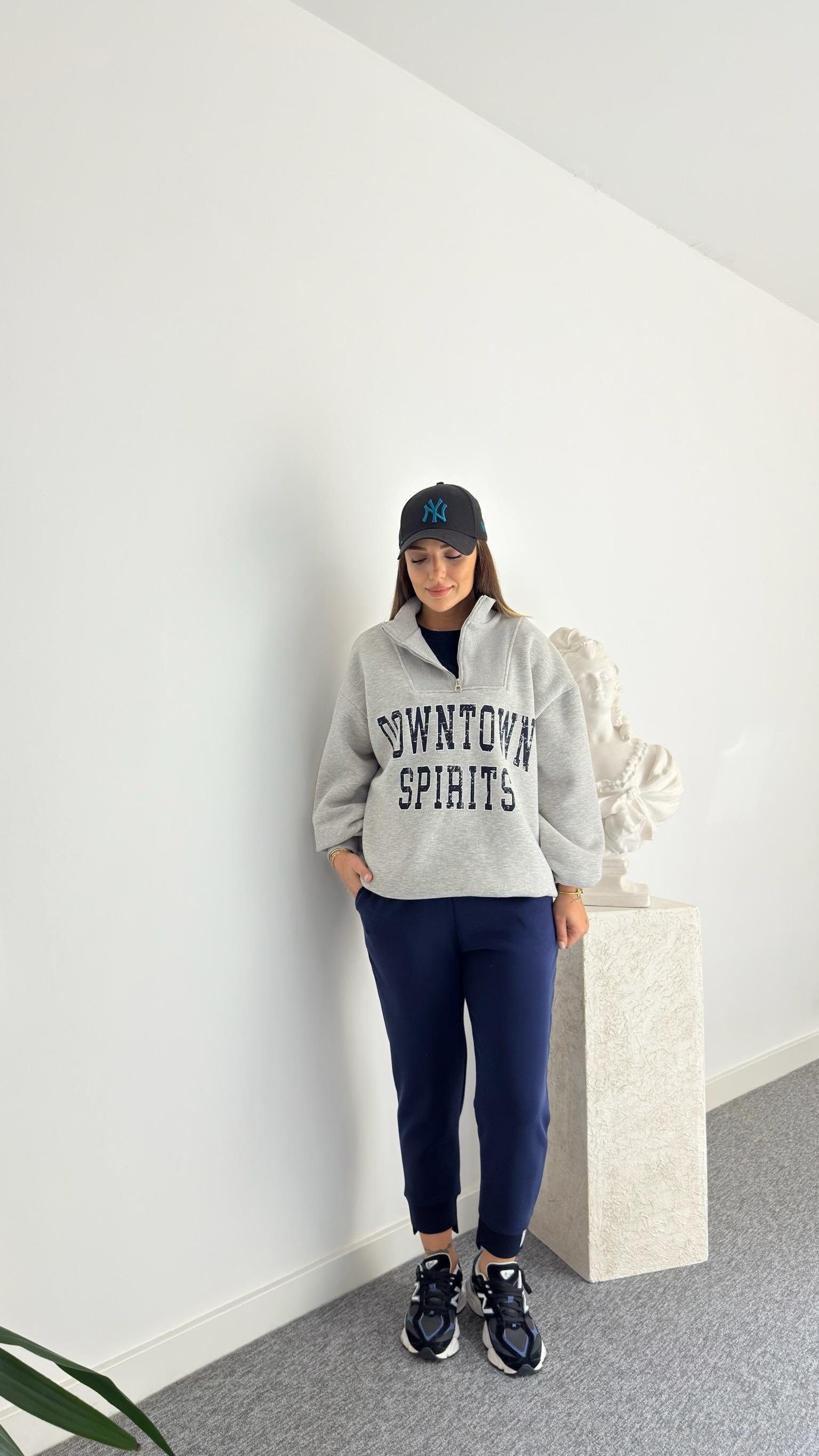 Çift Parçalı Yazı Detaylı Gri Sweatshirt