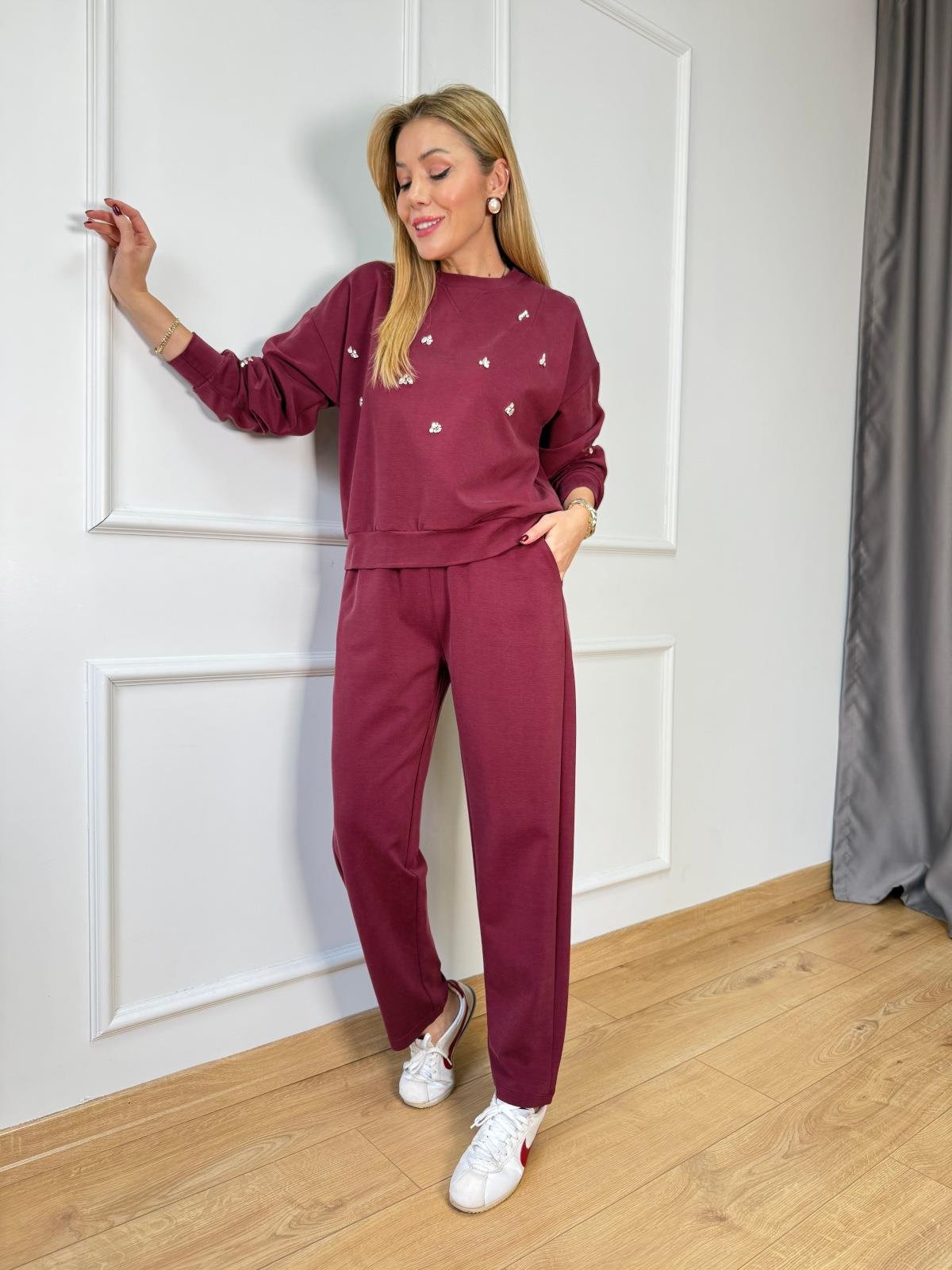 Bordo Taşlı Takım