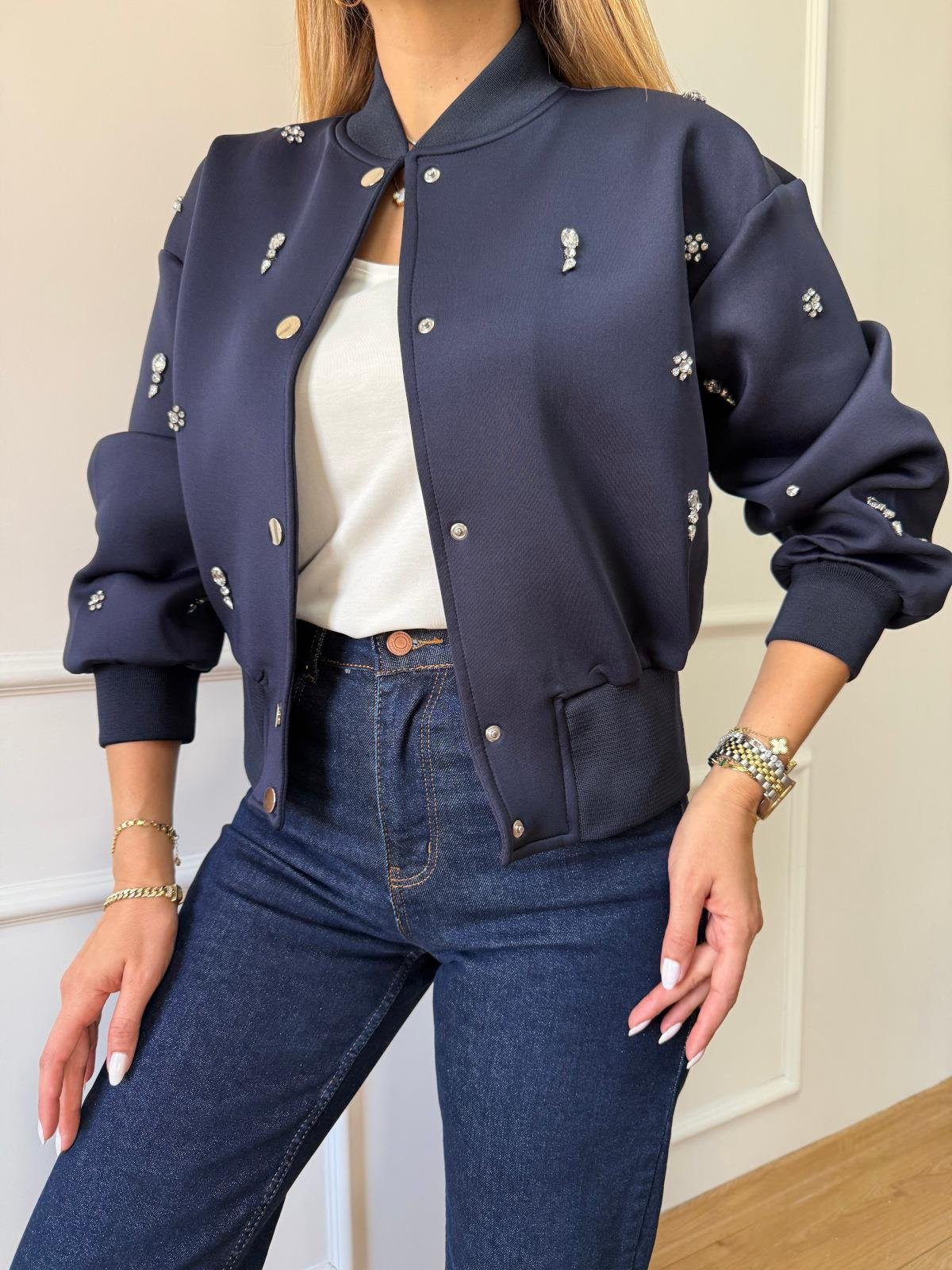 Lacivert Neopren Bomber Ceket