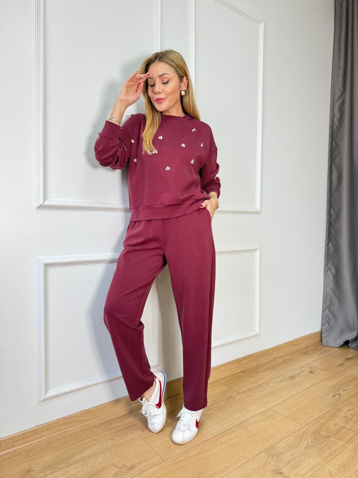 Bordo Taşlı Takım