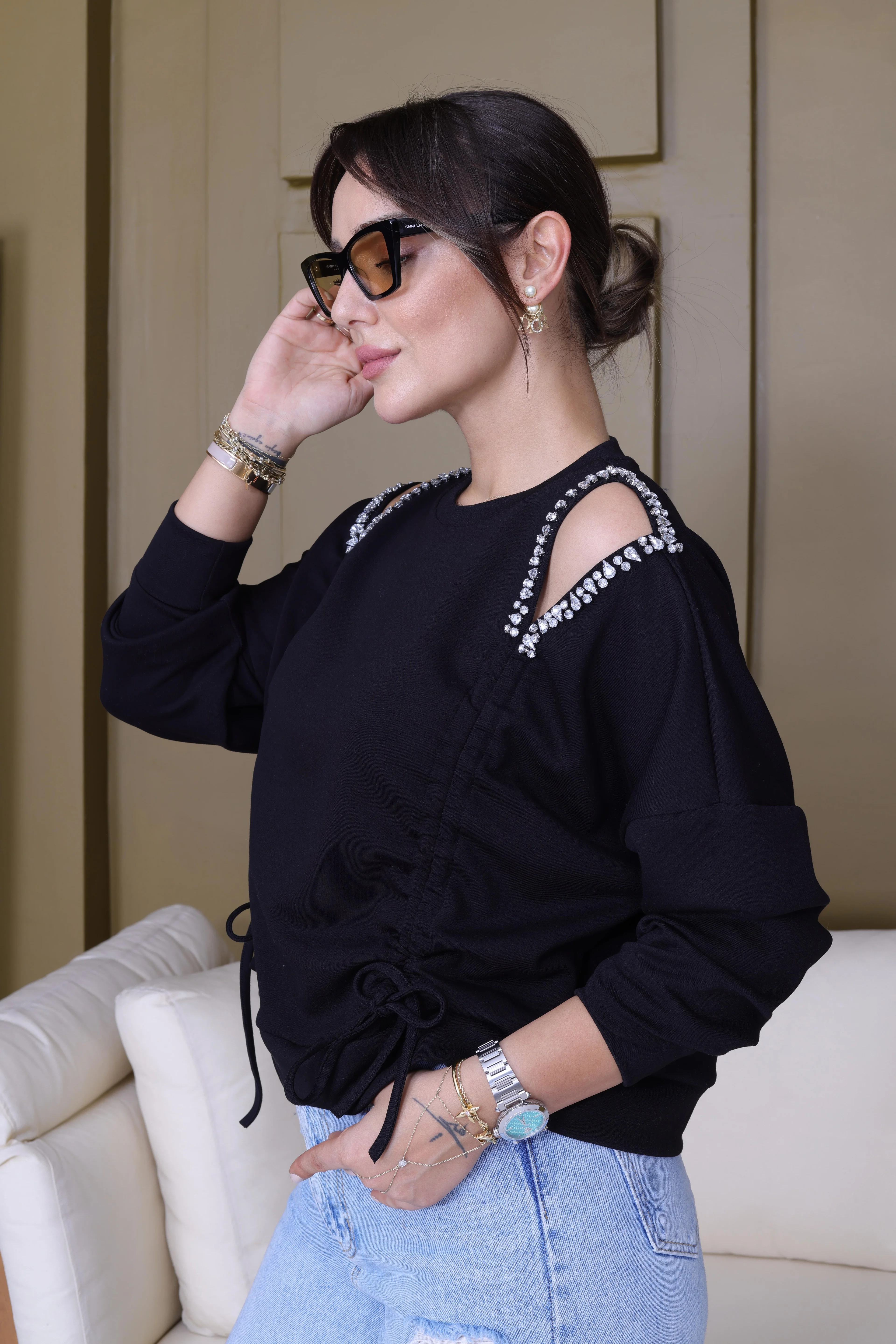 Loden Pencere Detay Taş İşlemeli Modal Sweatshirt