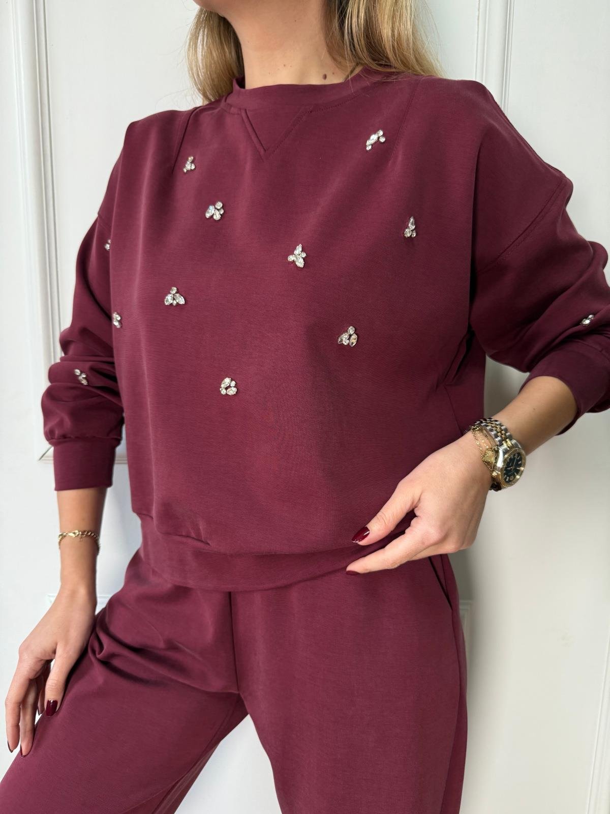 Bordo Taşlı Takım