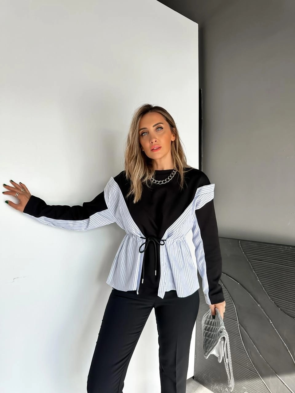 Gömlek Parçalı Beli İpli Sweatshirt