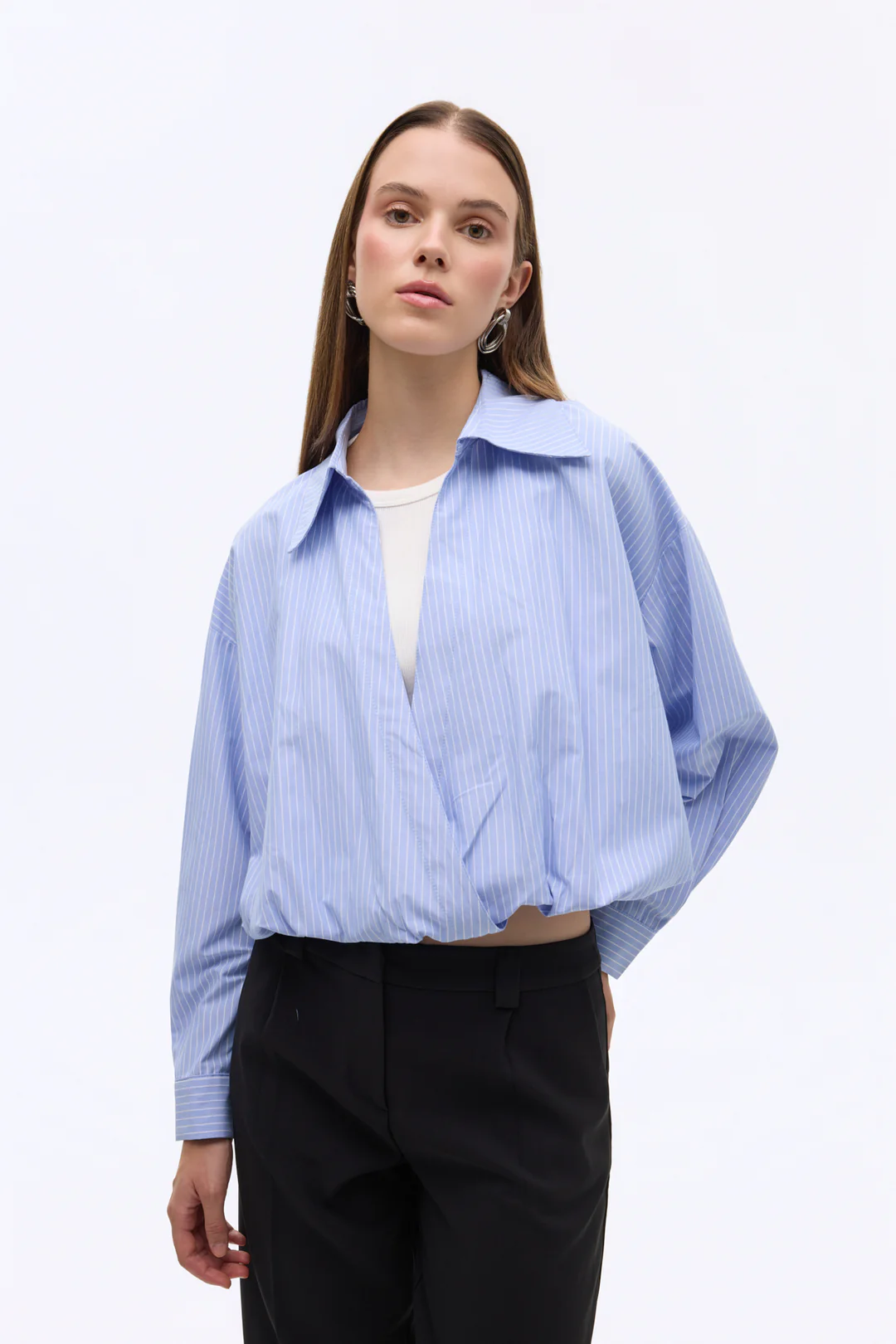 Çizgili Geniş Yaka Atlet Garnili Bluz Mavi