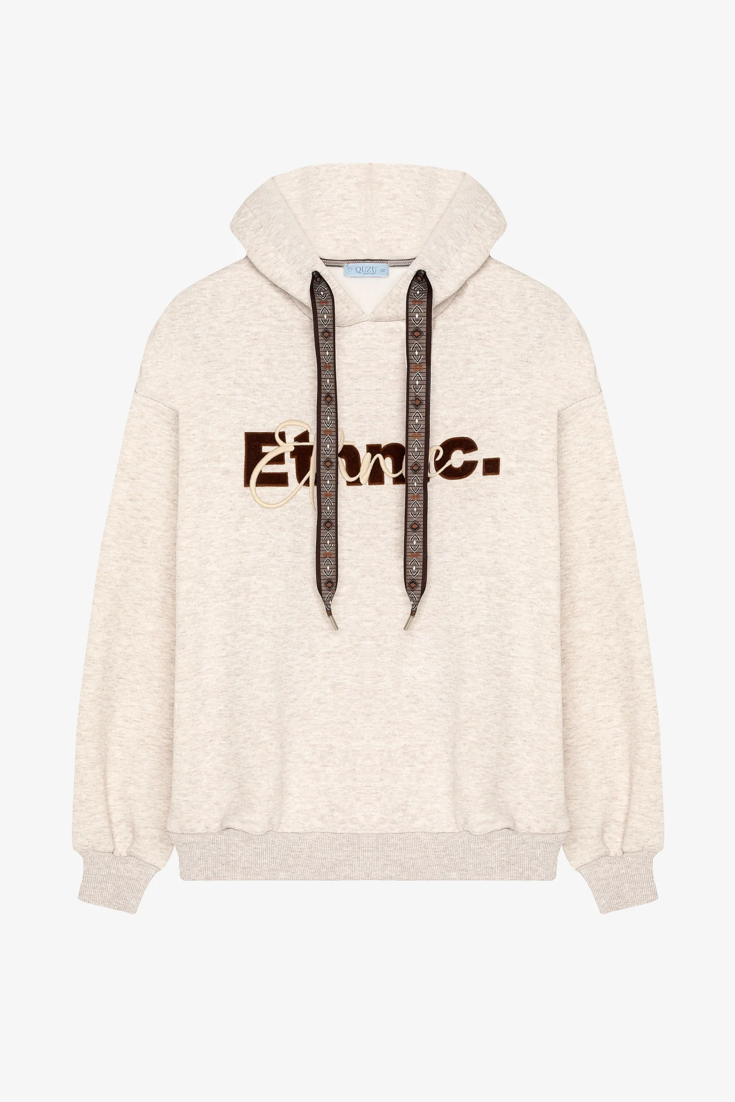 Yazı Nakışlı Kordonlu Oversize Sweatshirt Bej - Bej