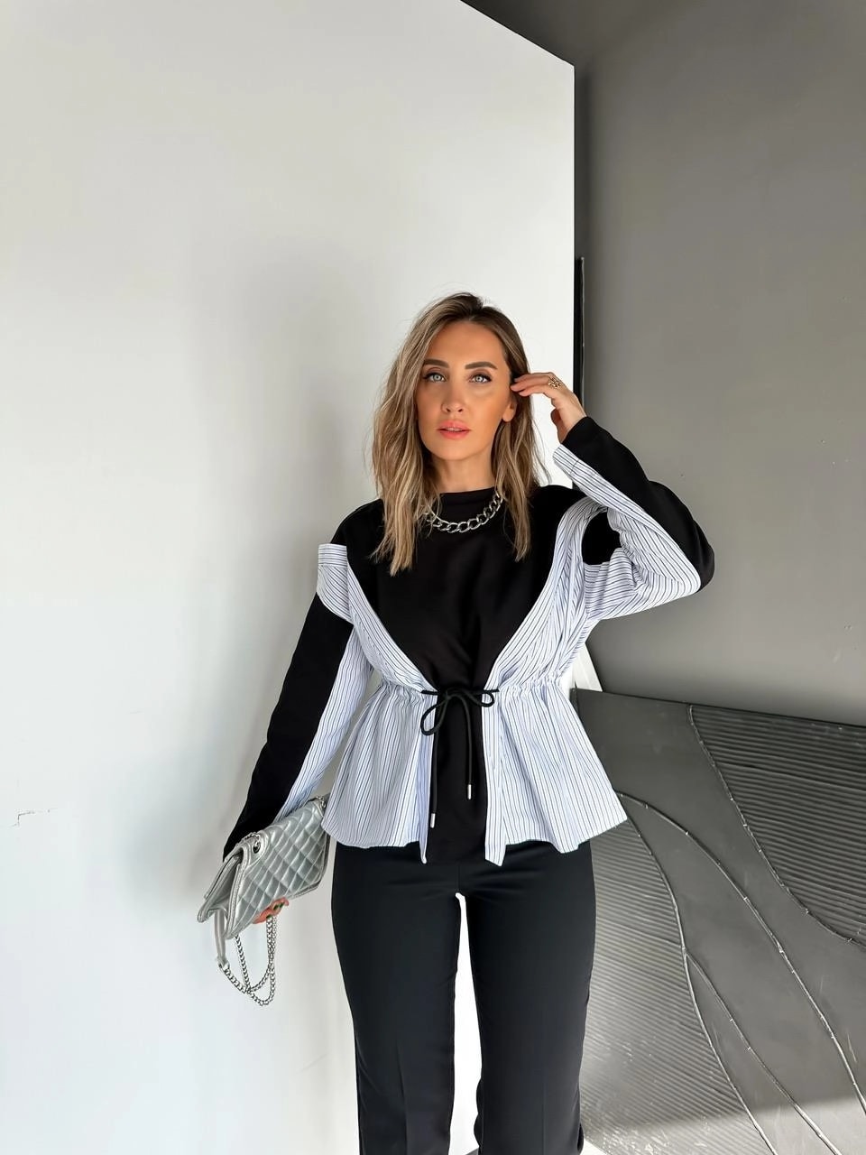 Gömlek Parçalı Beli İpli Sweatshirt