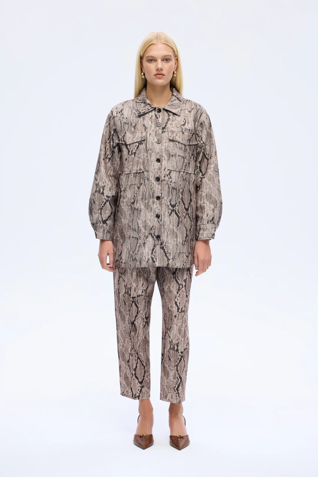 Yılan Desenli Oversize Gömlek Kahverengi