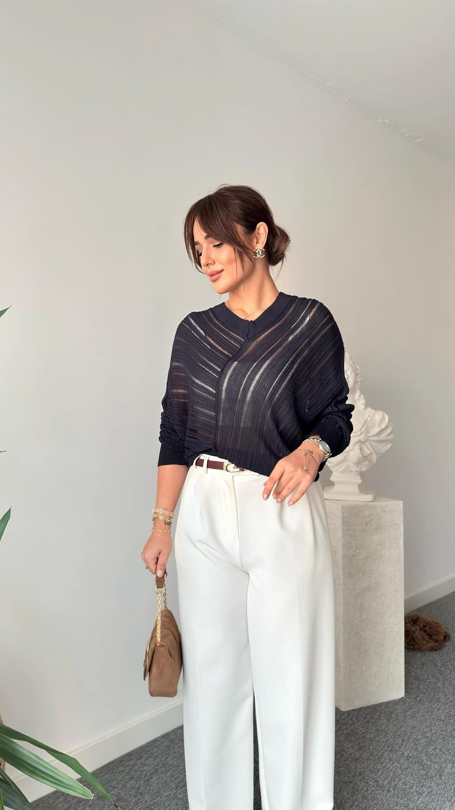 V Yaka Asimetrik Transparan Triko Kazak - Lacivert