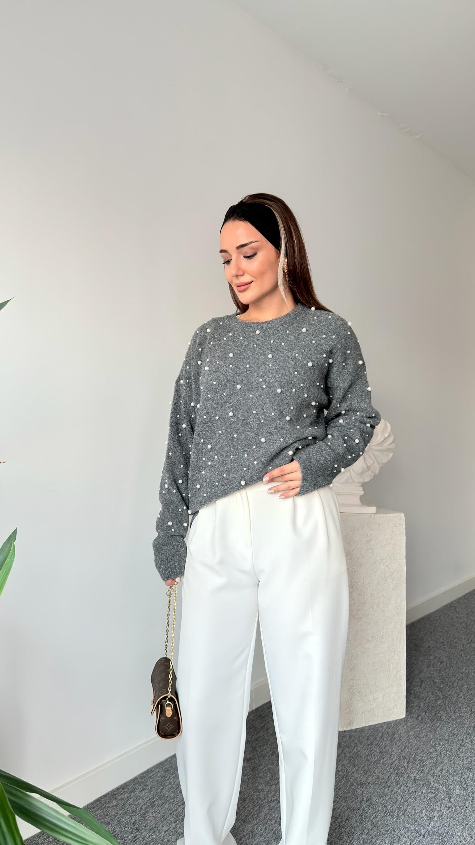 Tita İnci Çakımlı Kazak - Gri