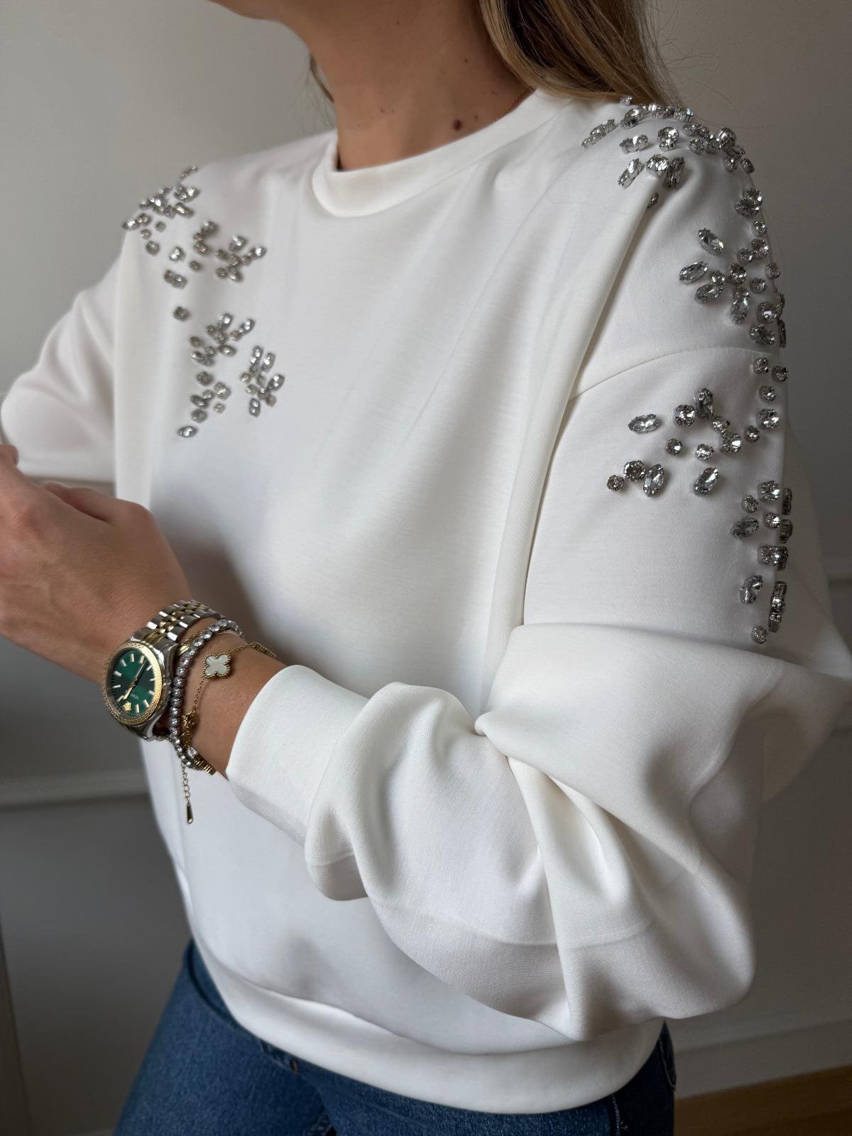 Ekru Taş Detaylı Sweatshirt