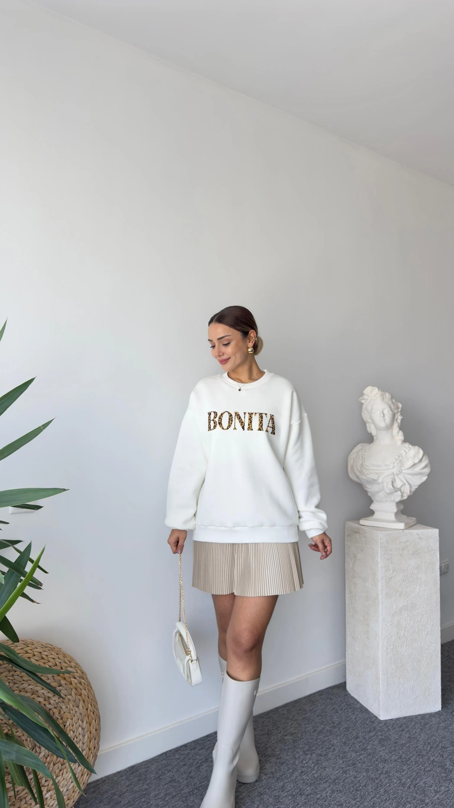 Leopar Bonita Yazılı Ekru Sweatshirt