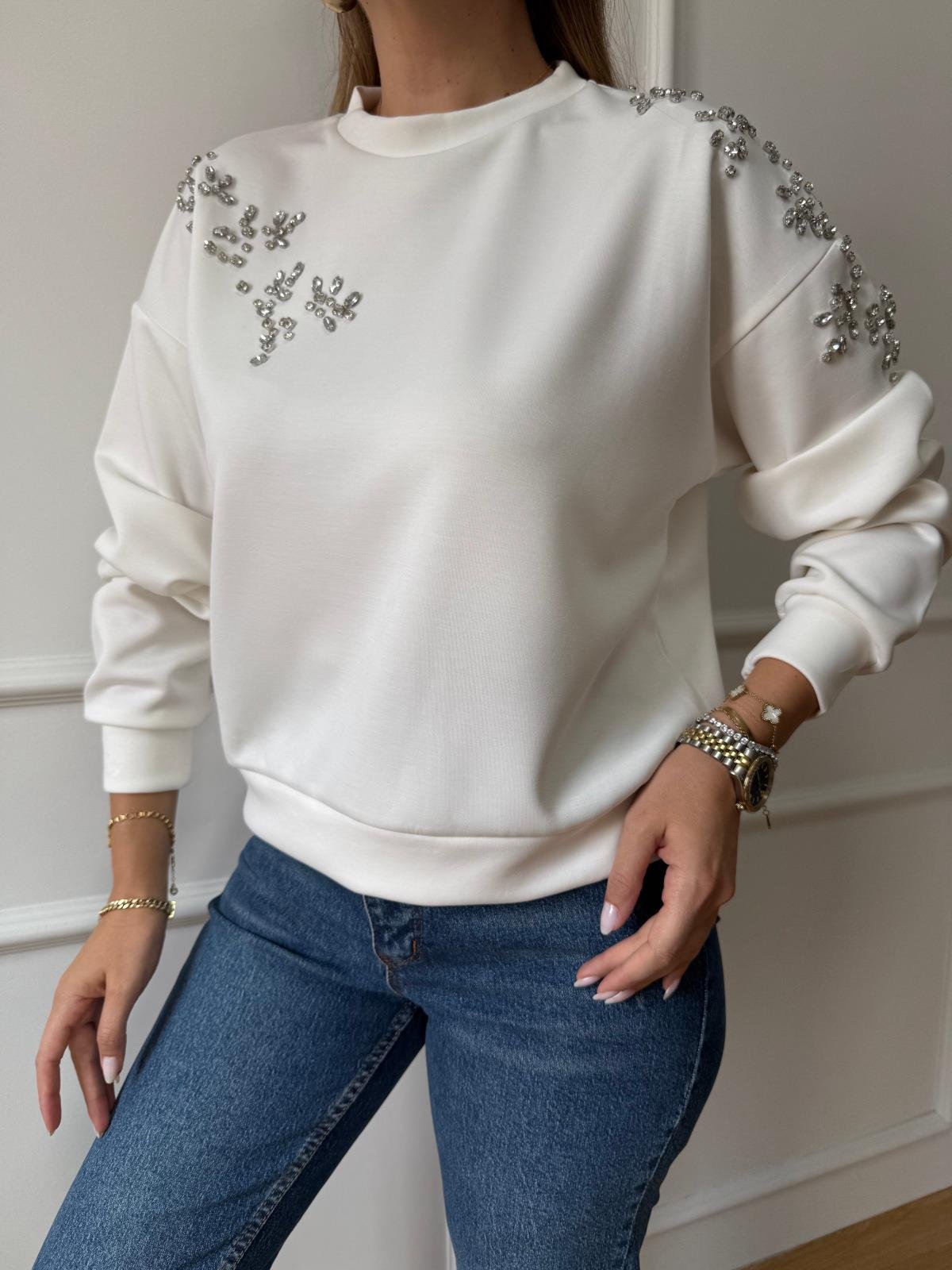 Ekru Taş Detaylı Sweatshirt