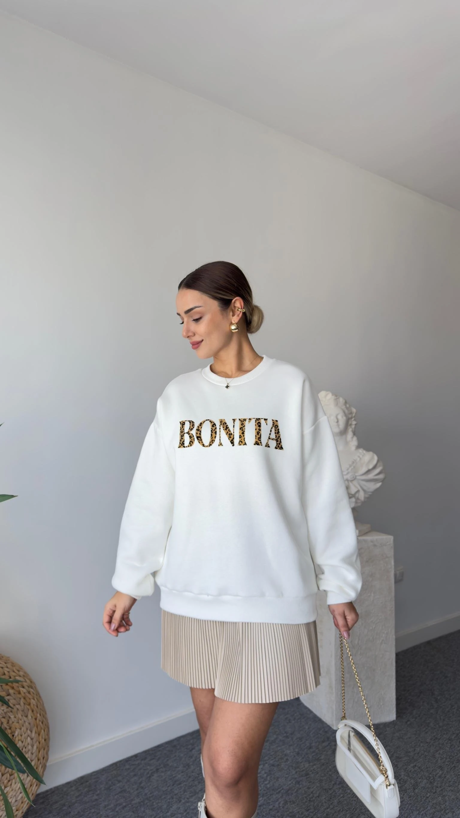 Leopar Bonita Yazılı Ekru Sweatshirt
