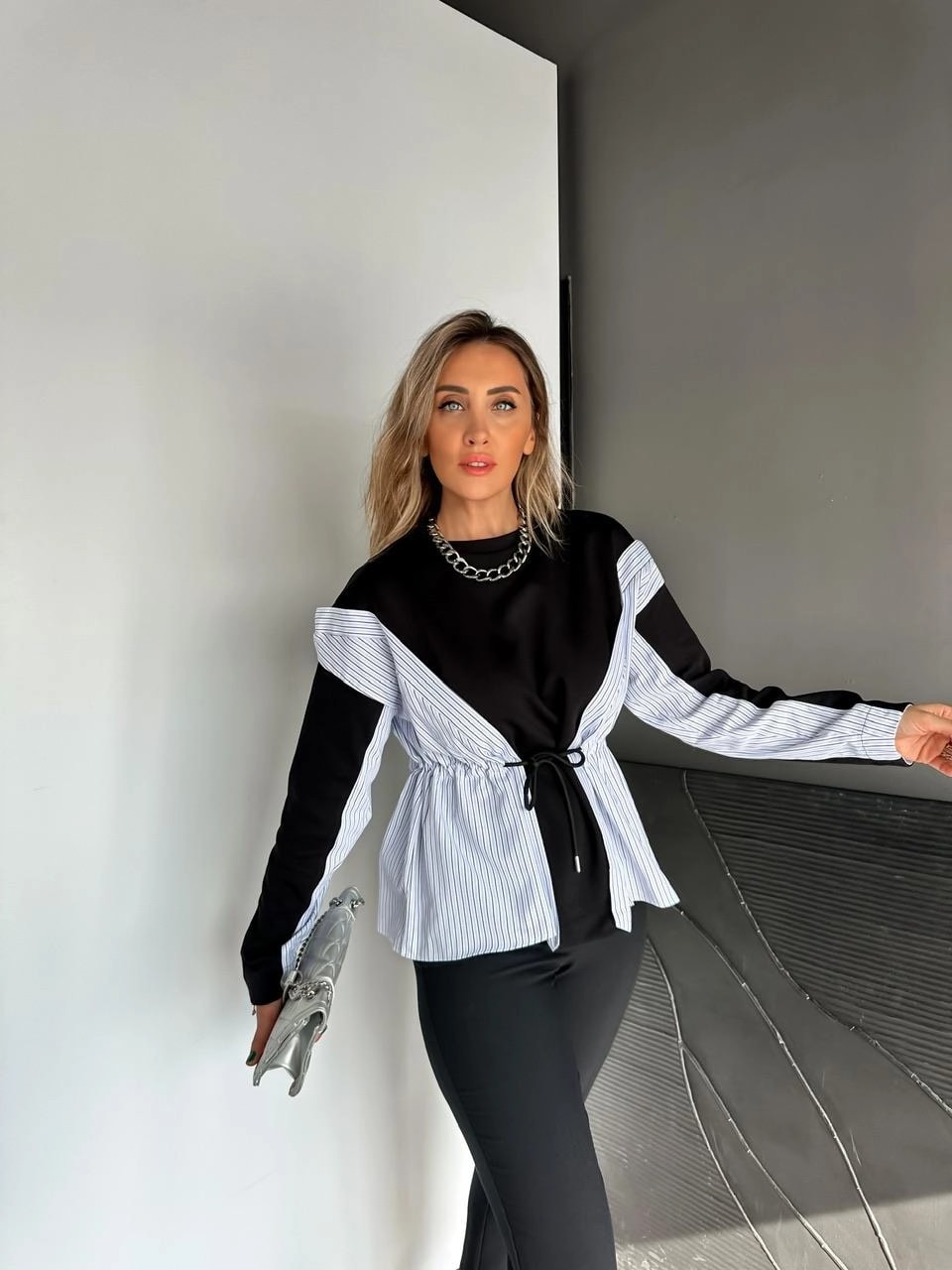 Gömlek Parçalı Beli İpli Sweatshirt