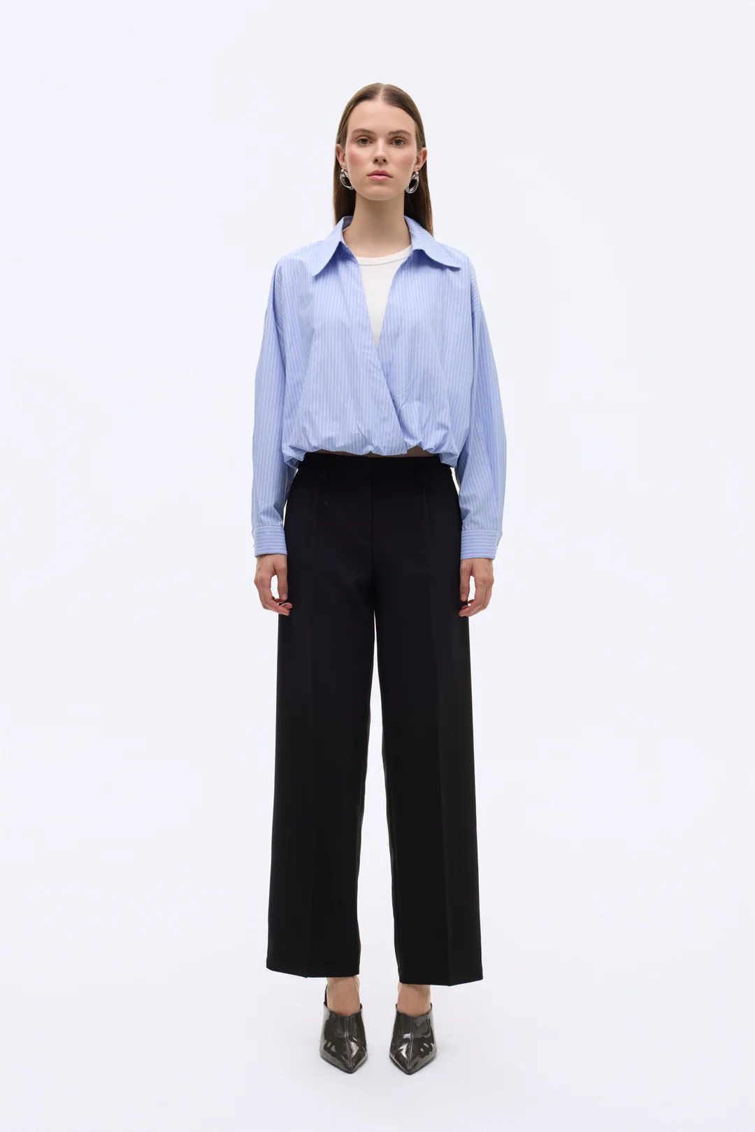 Çizgili Geniş Yaka Atlet Garnili Bluz Mavi - Mavi