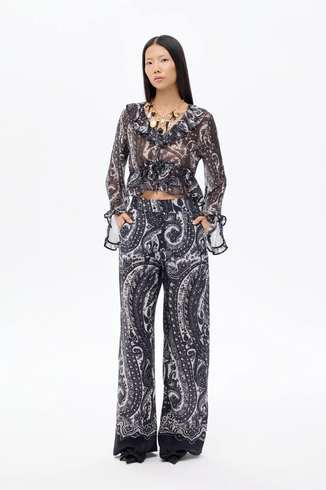 Etnik Desenli Yüksek Bel Bol Paça Pantolon Siyah - Siyah