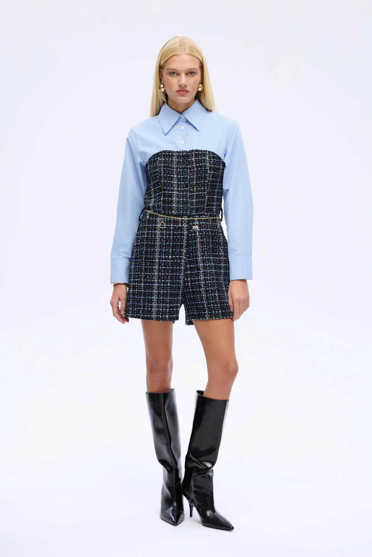 Zincir Kemerli Tüvit Mini Tulum Lacivert