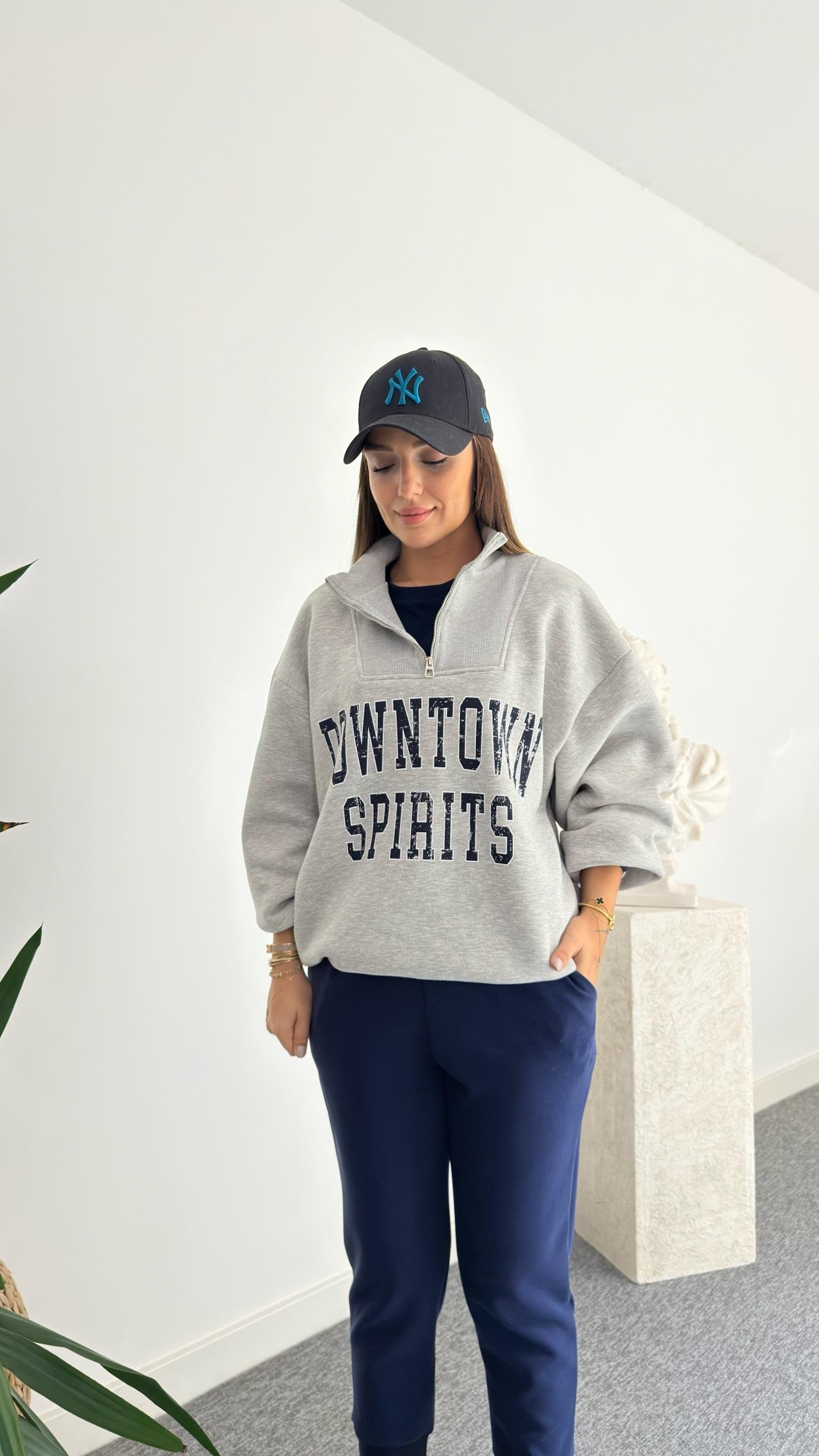 Çift Parçalı Yazı Detaylı Gri Sweatshirt