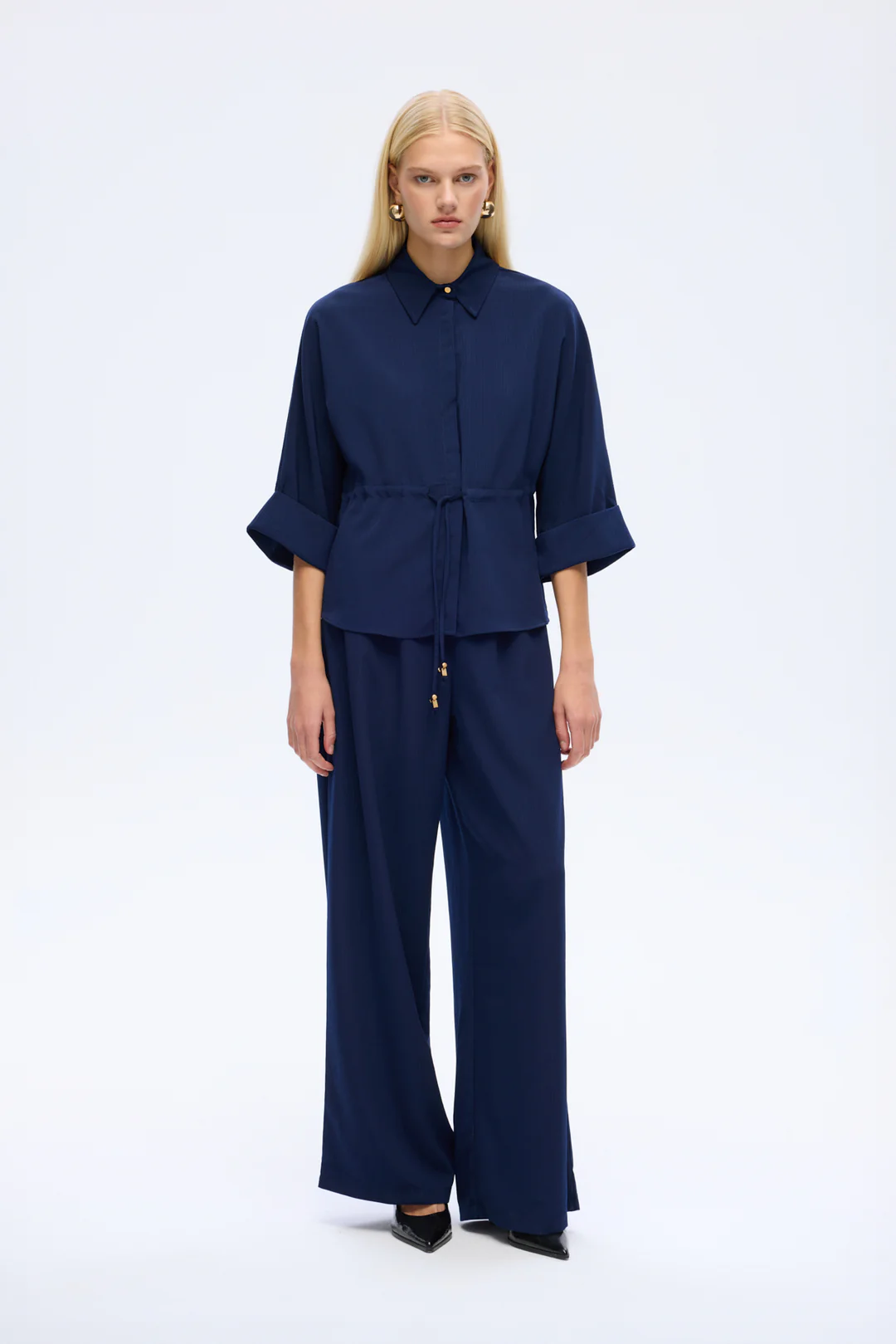 Beli Bağcıklı Manşet Kol Gömlek - Lacivert