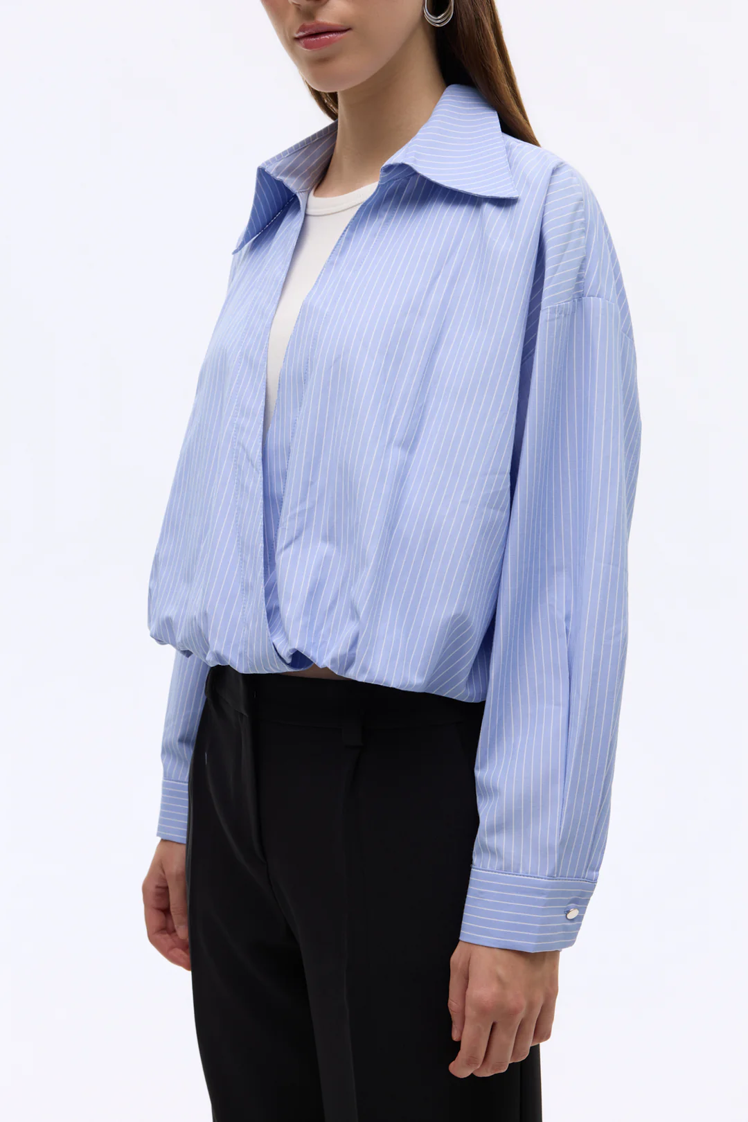 Çizgili Geniş Yaka Atlet Garnili Bluz Mavi