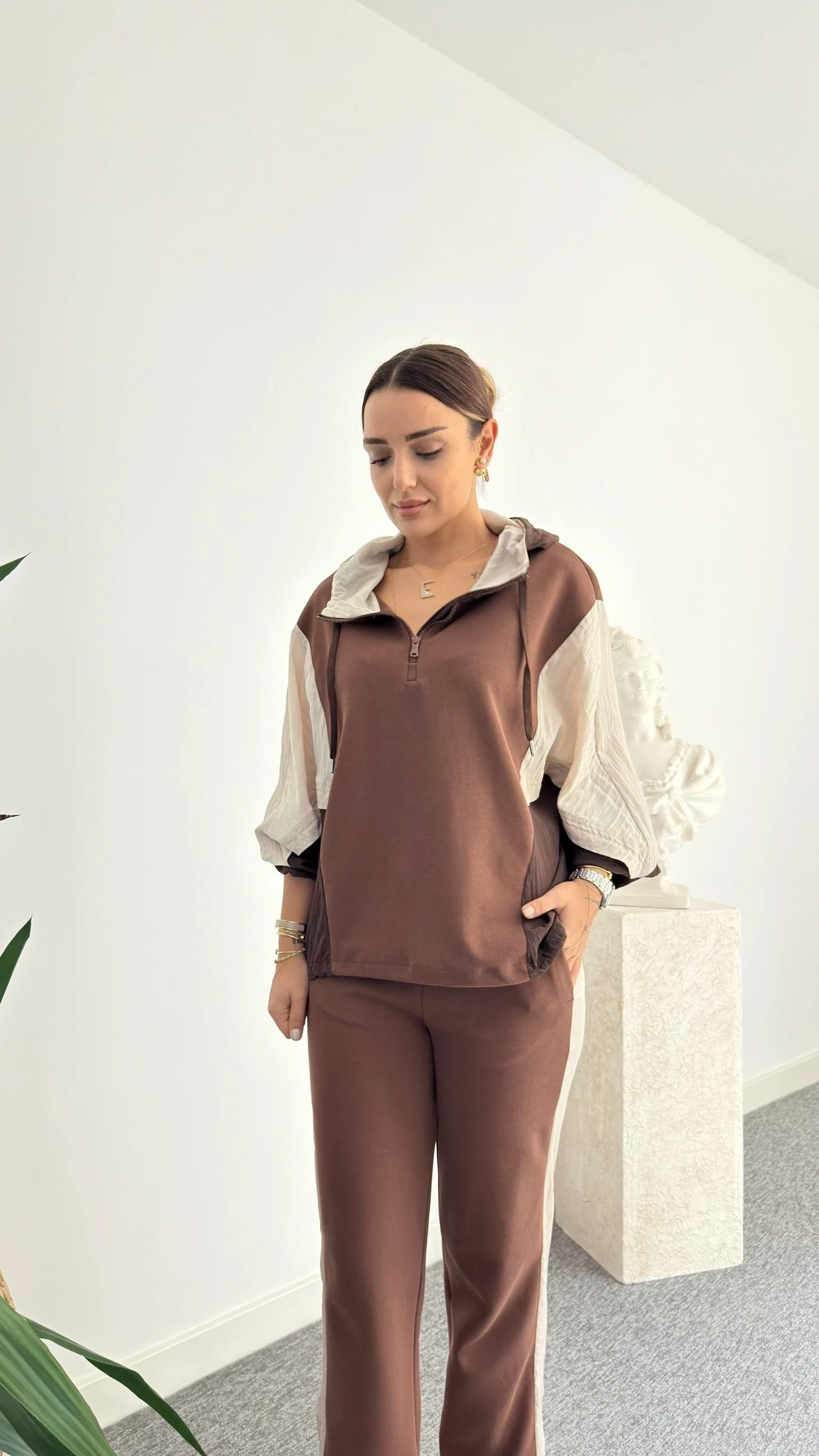 Tasarım Garnili İnterlok Takım - Kahverengi