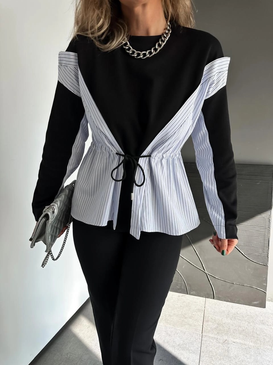 Gömlek Parçalı Beli İpli Sweatshirt