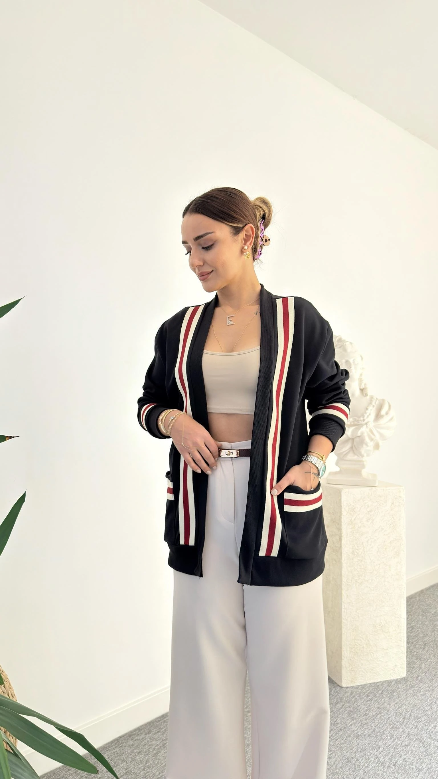 Linzy Kırmızı Şerit Detaylı Hırka - Lacivert