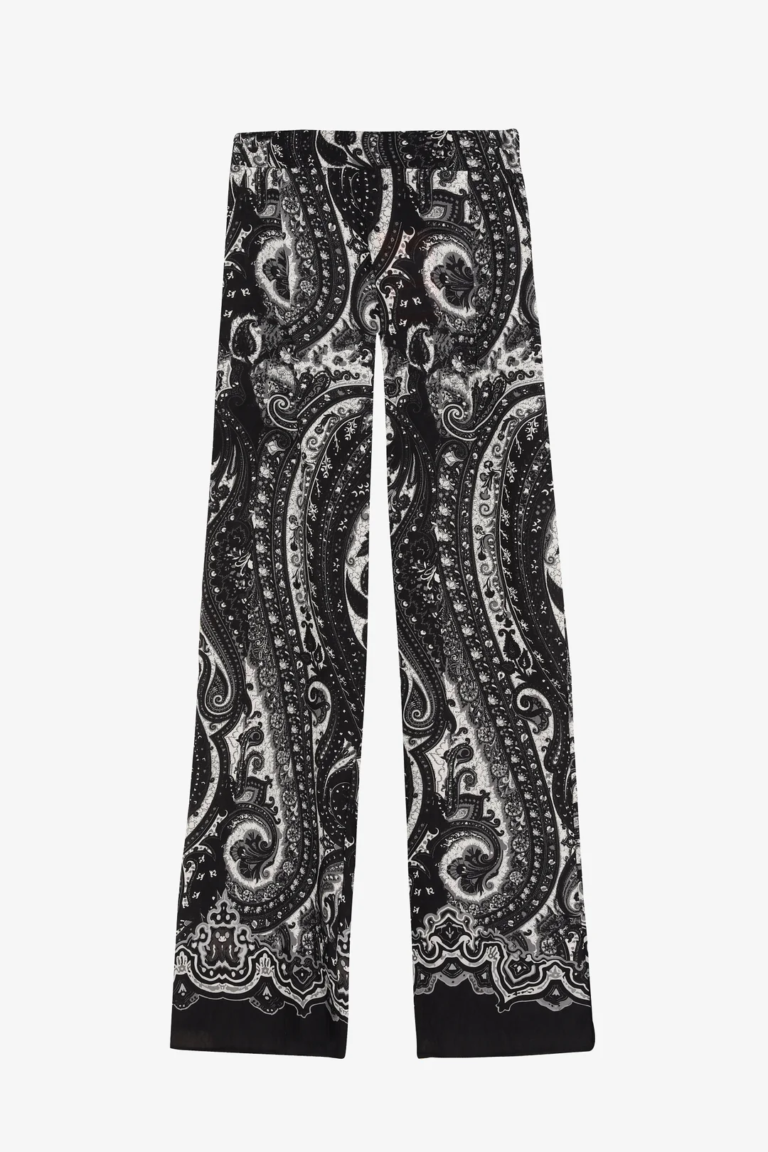 Etnik Desenli Yüksek Bel Bol Paça Pantolon Siyah