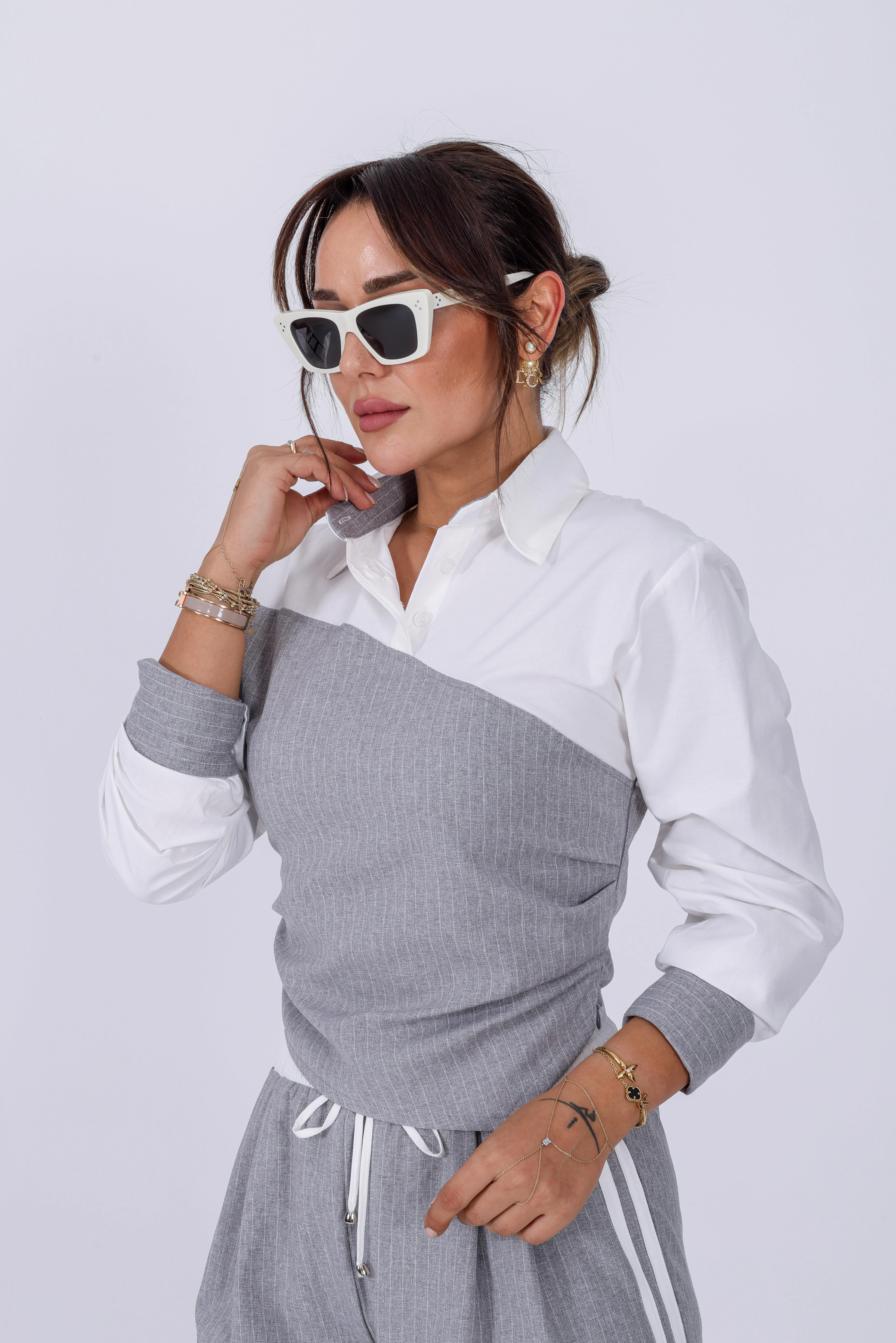 Beyaz Çift Şerit Detaylı Takım