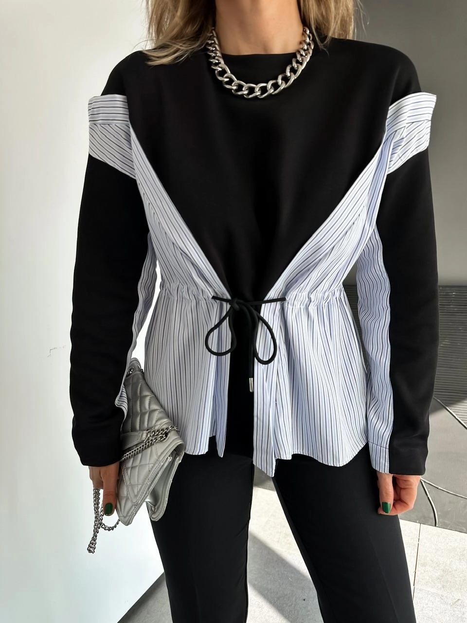 Gömlek Parçalı Beli İpli Sweatshirt