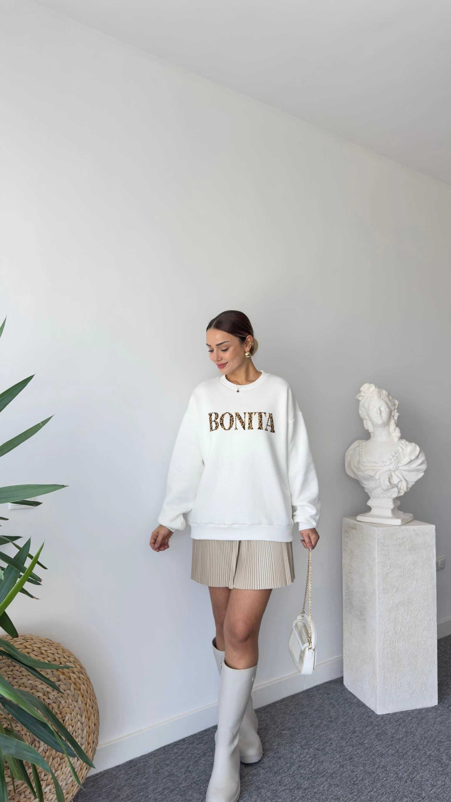 Leopar Bonita Yazılı Ekru Sweatshirt