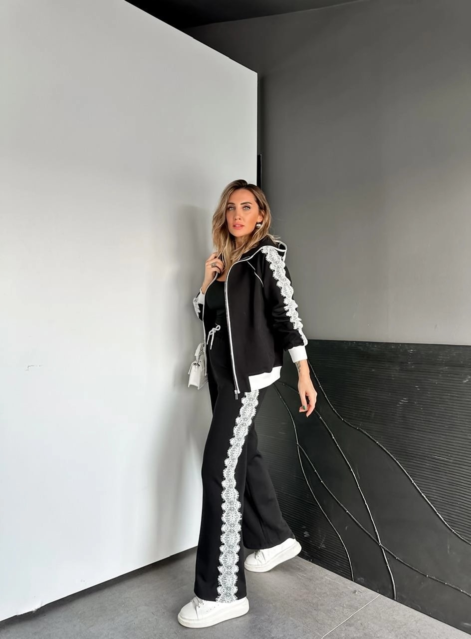 Dantel Parçalı Tasarım Takım - Siyah