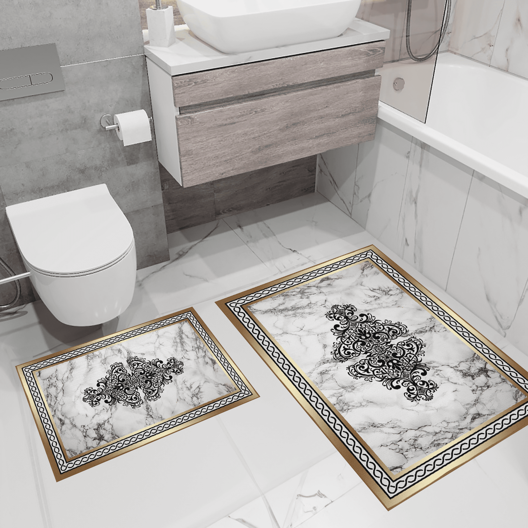 Kaymaz Taban Yıkabilir Toz Leke Tutmaz 2li Set Klozet Oval Banyo Paspas Takımı t1261