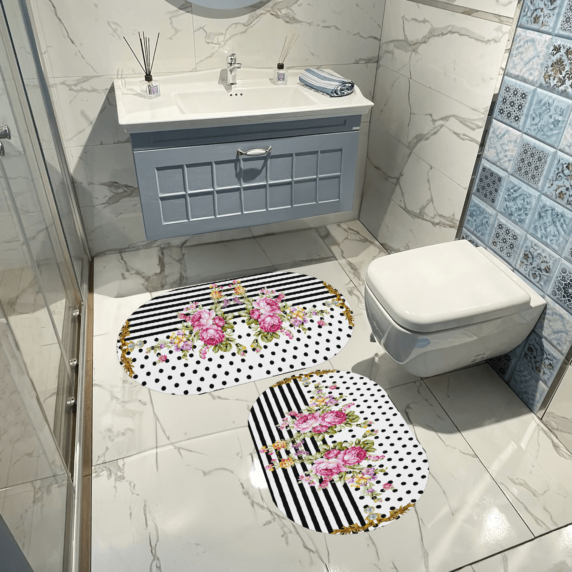 Kaymaz Taban Yıkabilir Toz Leke Tutmaz 2li Set Klozet Oval Banyo Paspas Takımı Oval t1068