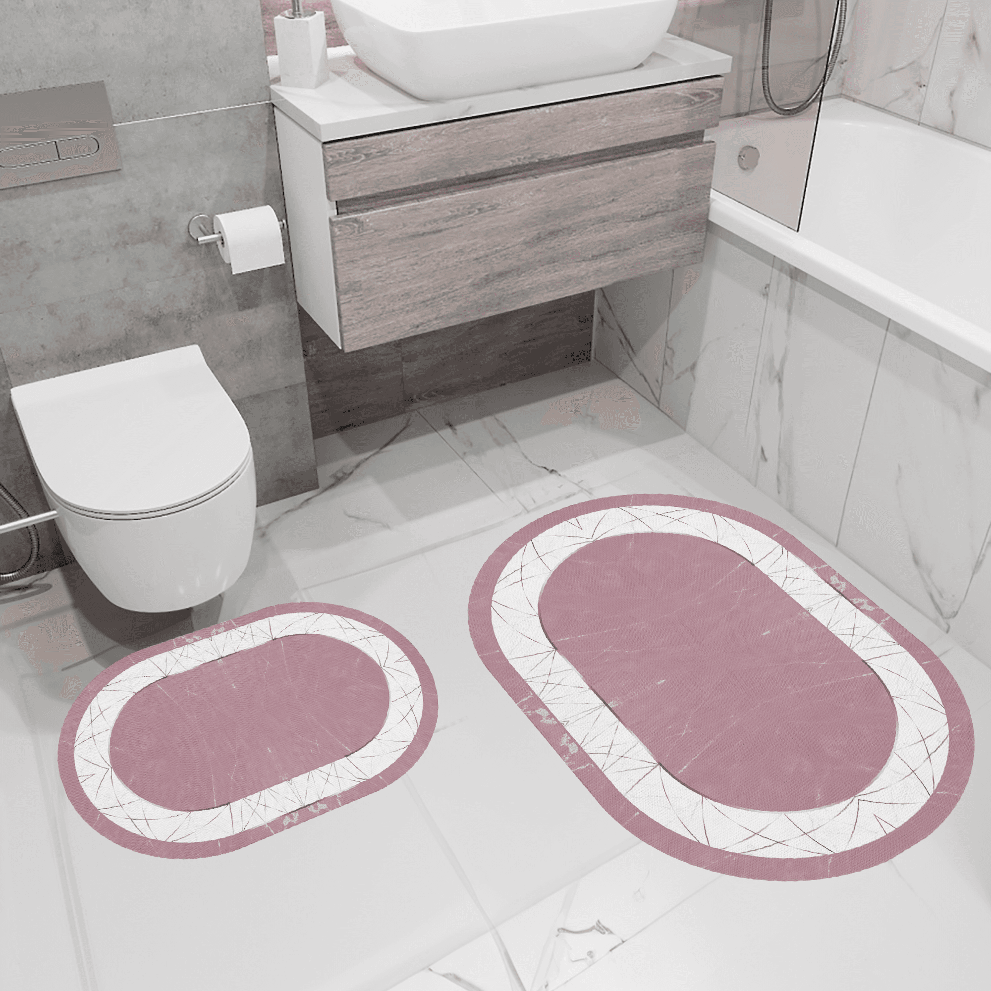 Kaymaz Taban Yıkabilir Toz Leke Tutmaz 2li Set Klozet Oval Banyo Paspas Takımı Oval m3068-2