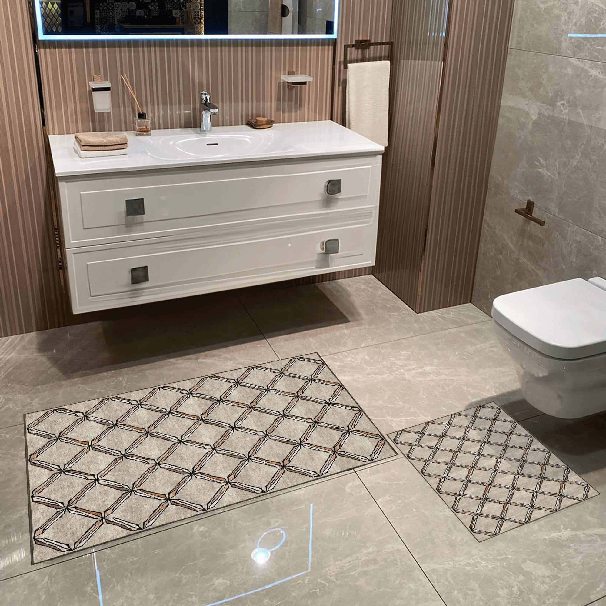 Kaymaz Taban Yıkabilir Toz Leke Tutmaz 2li Set Klozet Oval Banyo Paspas Takımı t1195