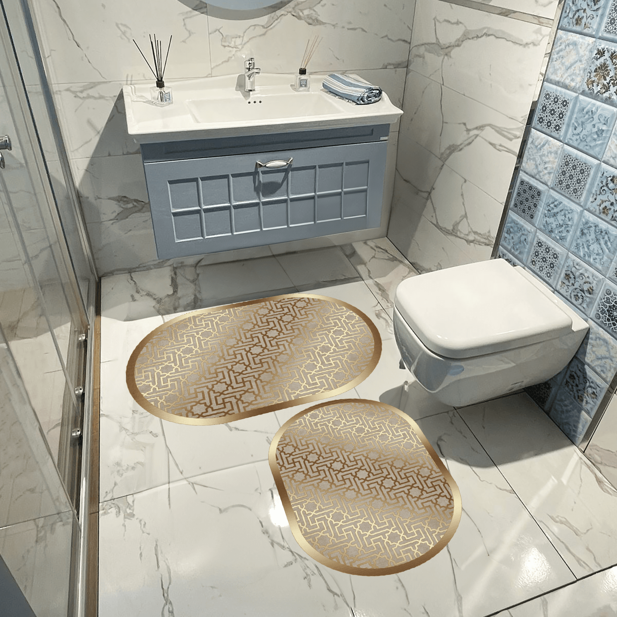 Kaymaz Taban Yıkabilir Toz Leke Tutmaz 2li Set Klozet Oval Banyo Paspas Takımı Oval t1248-5