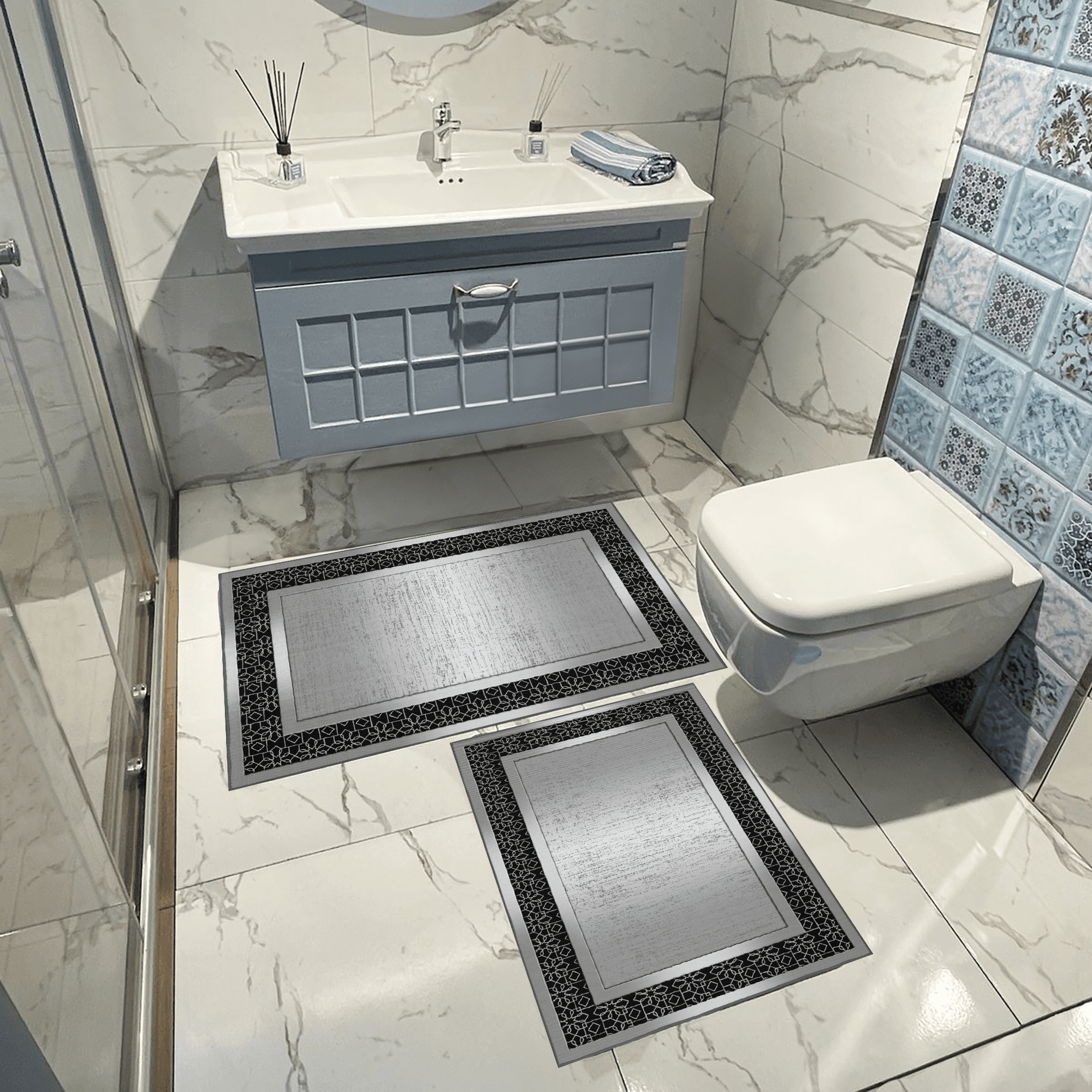 Kaymaz Taban Yıkabilir Toz Leke Tutmaz 2li Set Klozet Oval Banyo Paspas Takımı pl1013